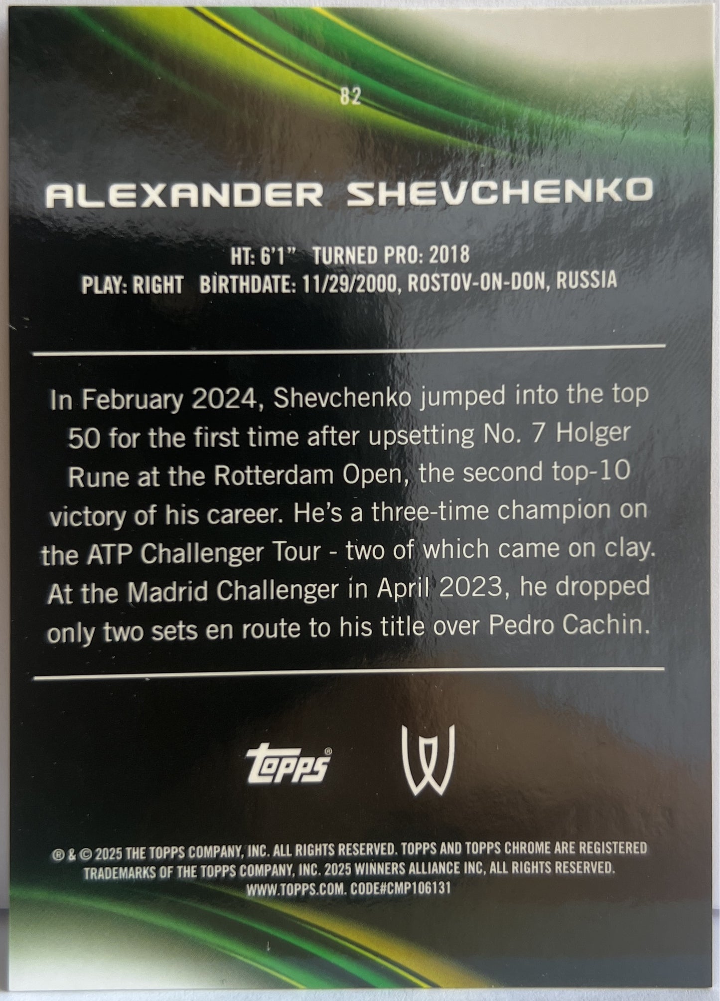 Alexander Shevchenko 4/10 Rookie Black Topps Chrome Tennis 2025