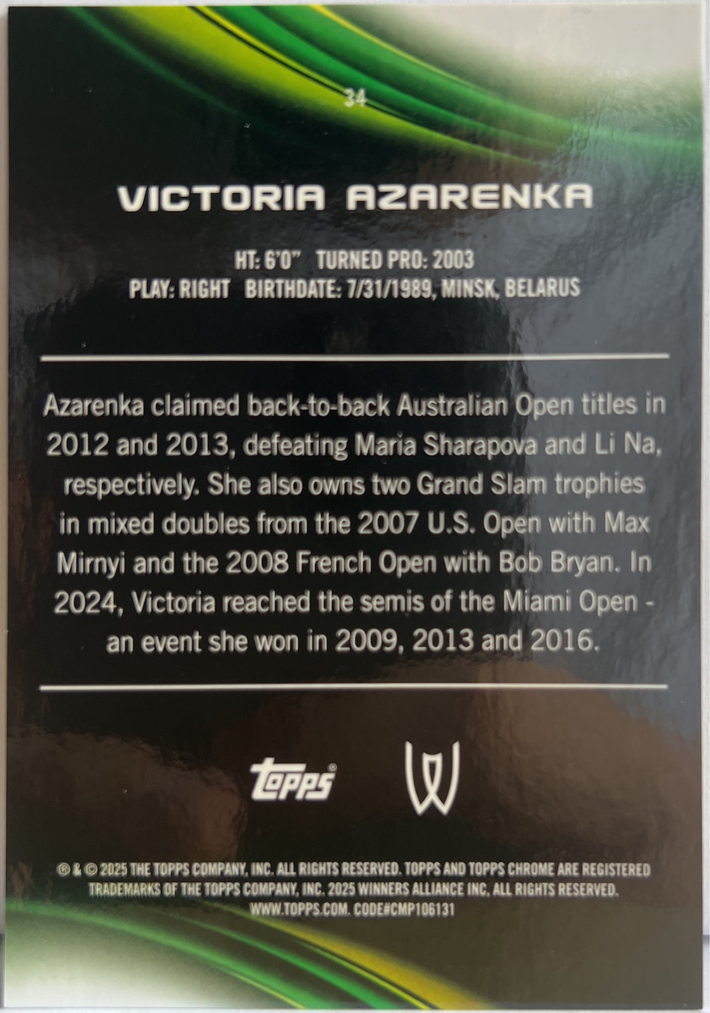 VIctoria Azarenka 17/50 Gold Geometric Topps Chrome Tennis 2025