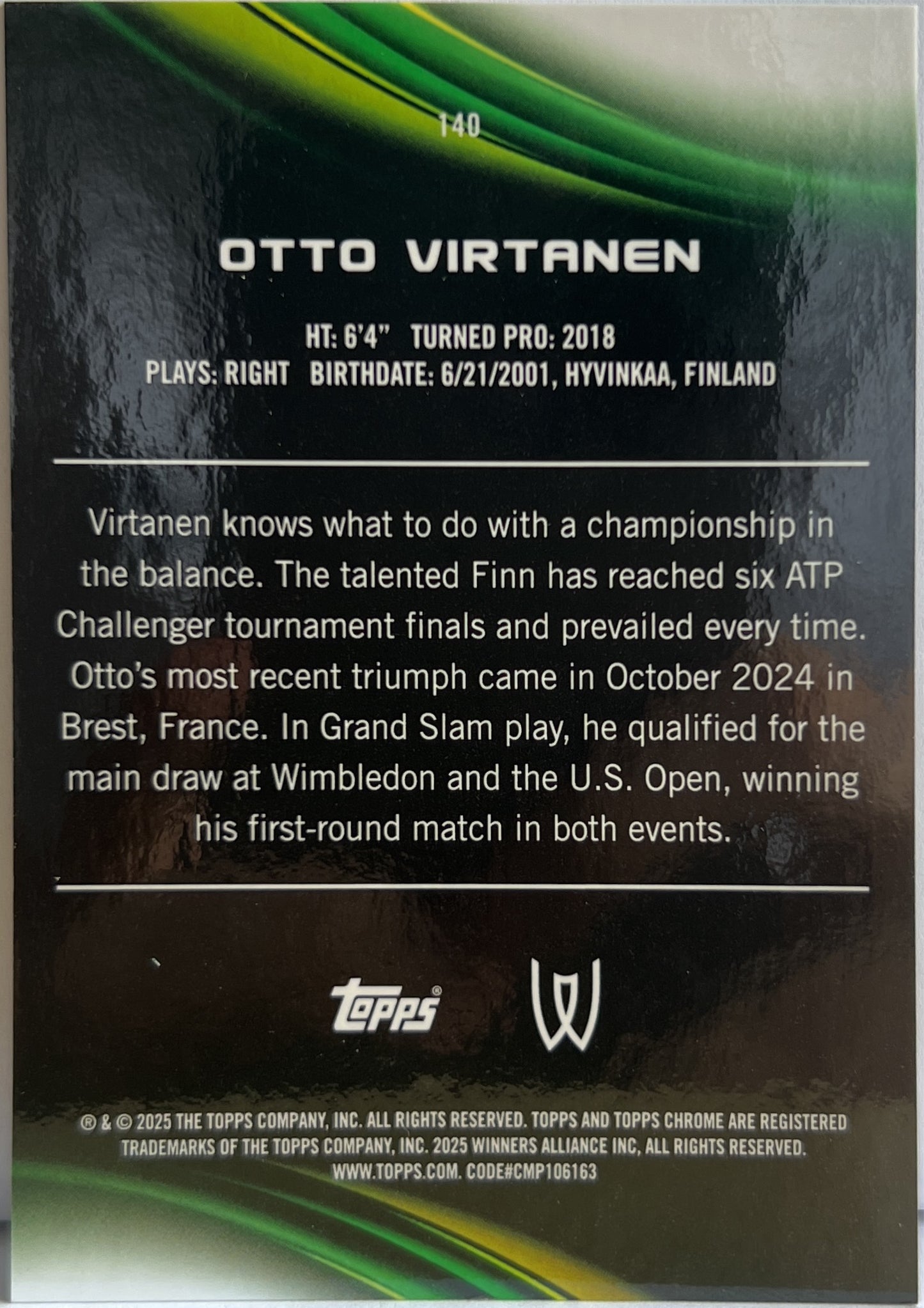 Otto Virtanen 38/50 Gold Topps Chrome Tennis 2025