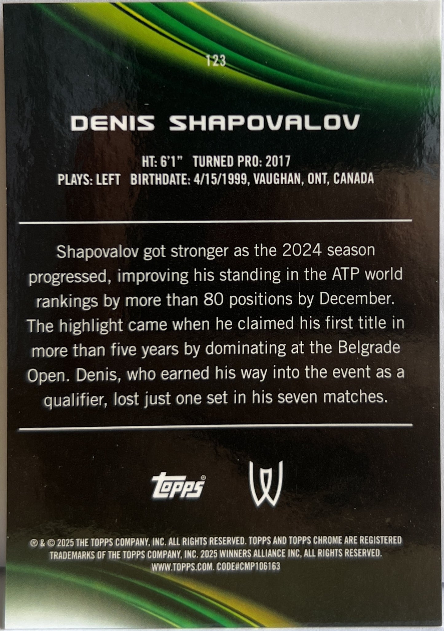 Denis Shapovalov 4/50 Gold Topps Chrome Tennis 2025
