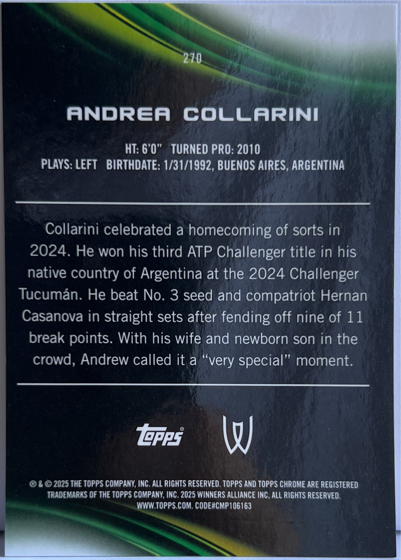 Andrea Collarini 40/50 1ST Gold Topps Chrome Tennis 2025