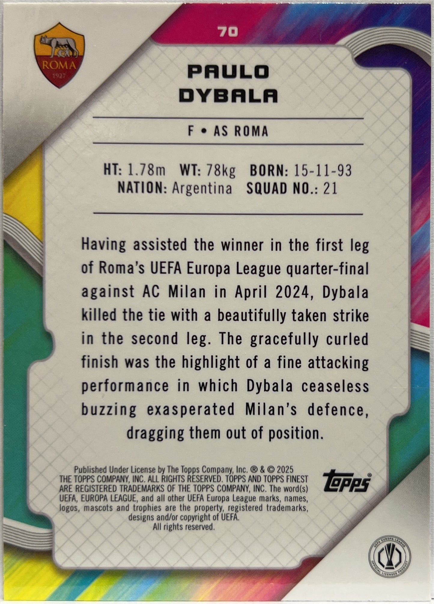 Paulo Dybala 26/99 Green Topps Finest UCC 2024/25