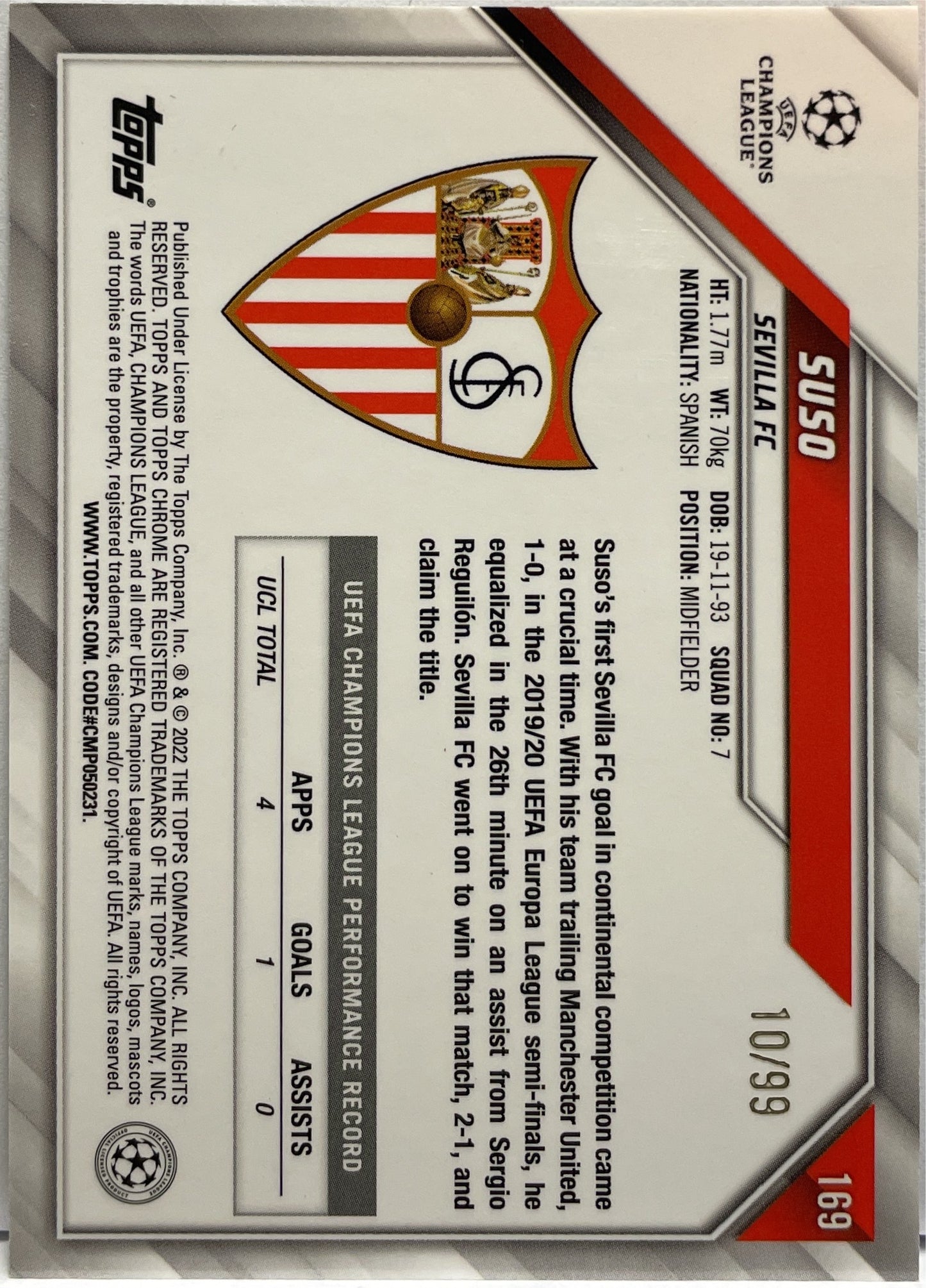 Suso 10/99 Green Shimmer Topps Chrome UCL 2021/22