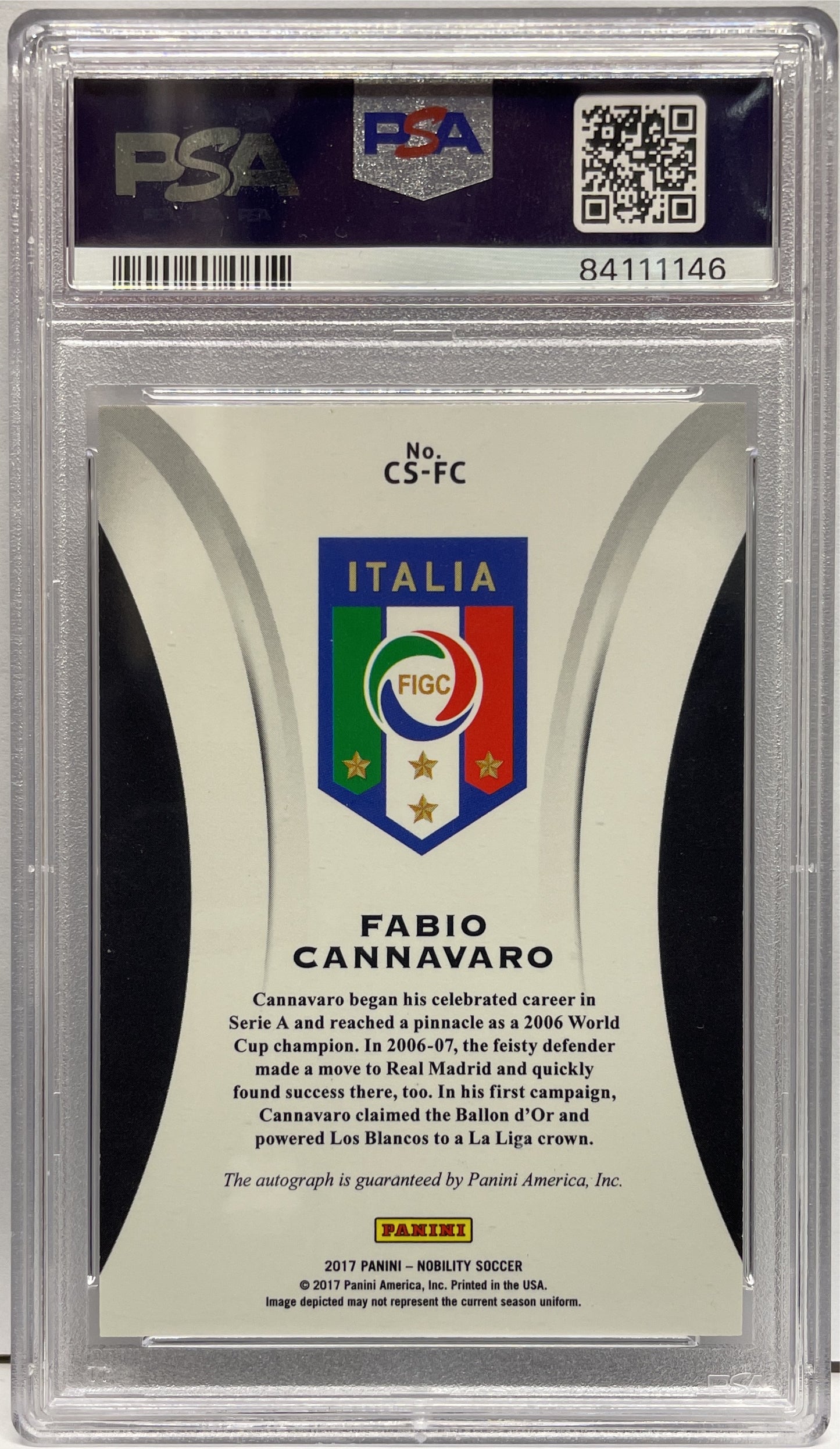 PSA 10 - Fabio Cannavaro Autograph On Card Crescent Signatures - Panini Nobility 2017