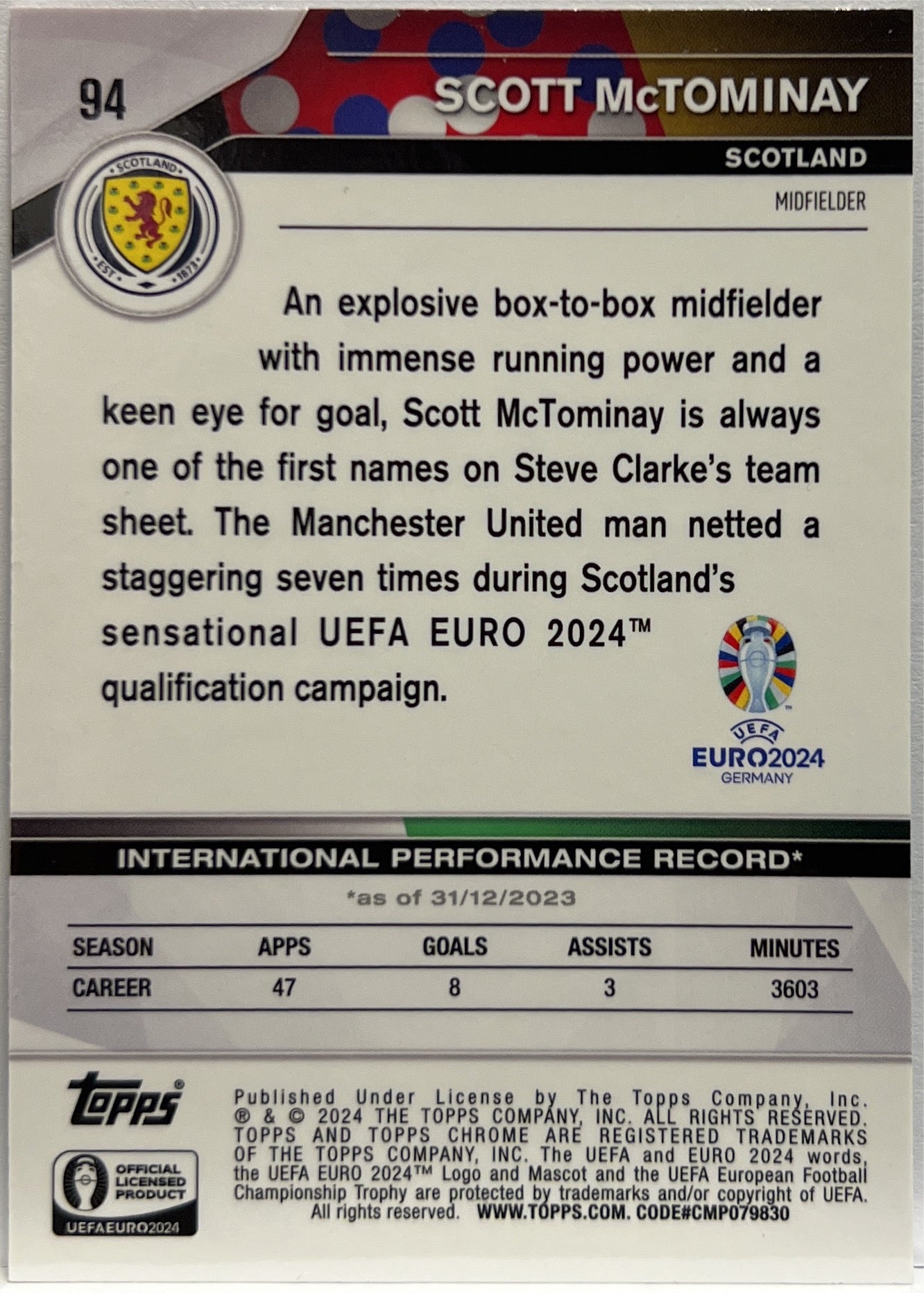 Scott McTominay 103/175 Purple Topps Chrome Euro 2024