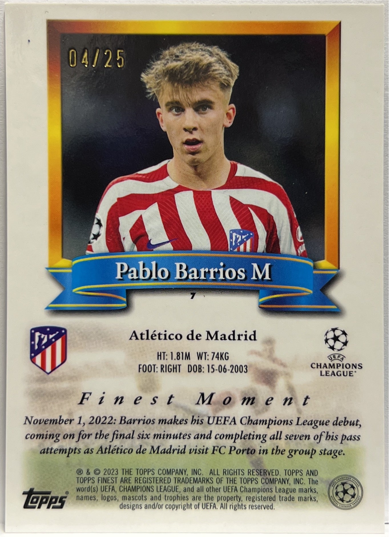 Pablo Barrios 4/25 Rookie Black Topps Finest Flashback 2022/23