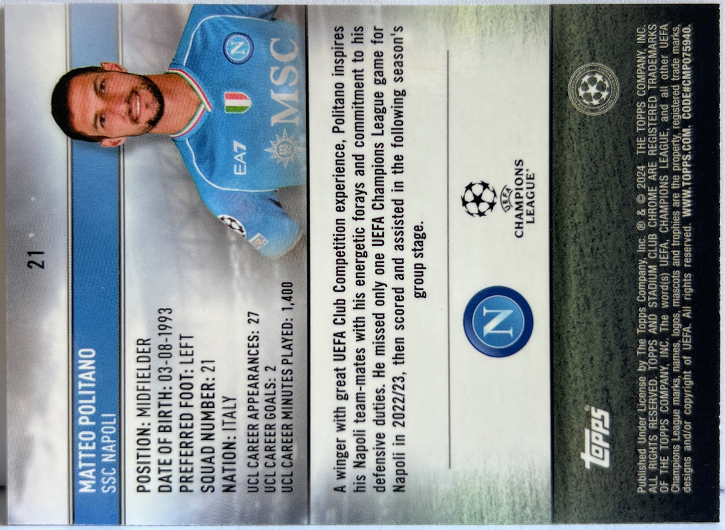 Matteo Politano 184/250 Aqua Wave Topps Stadium Chrome 2023/24