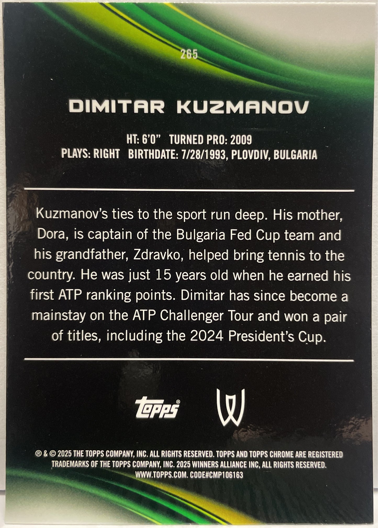 Dimitar Kuzmanov 180/199 1ST Aqua Topps Chrome Tennis 2025