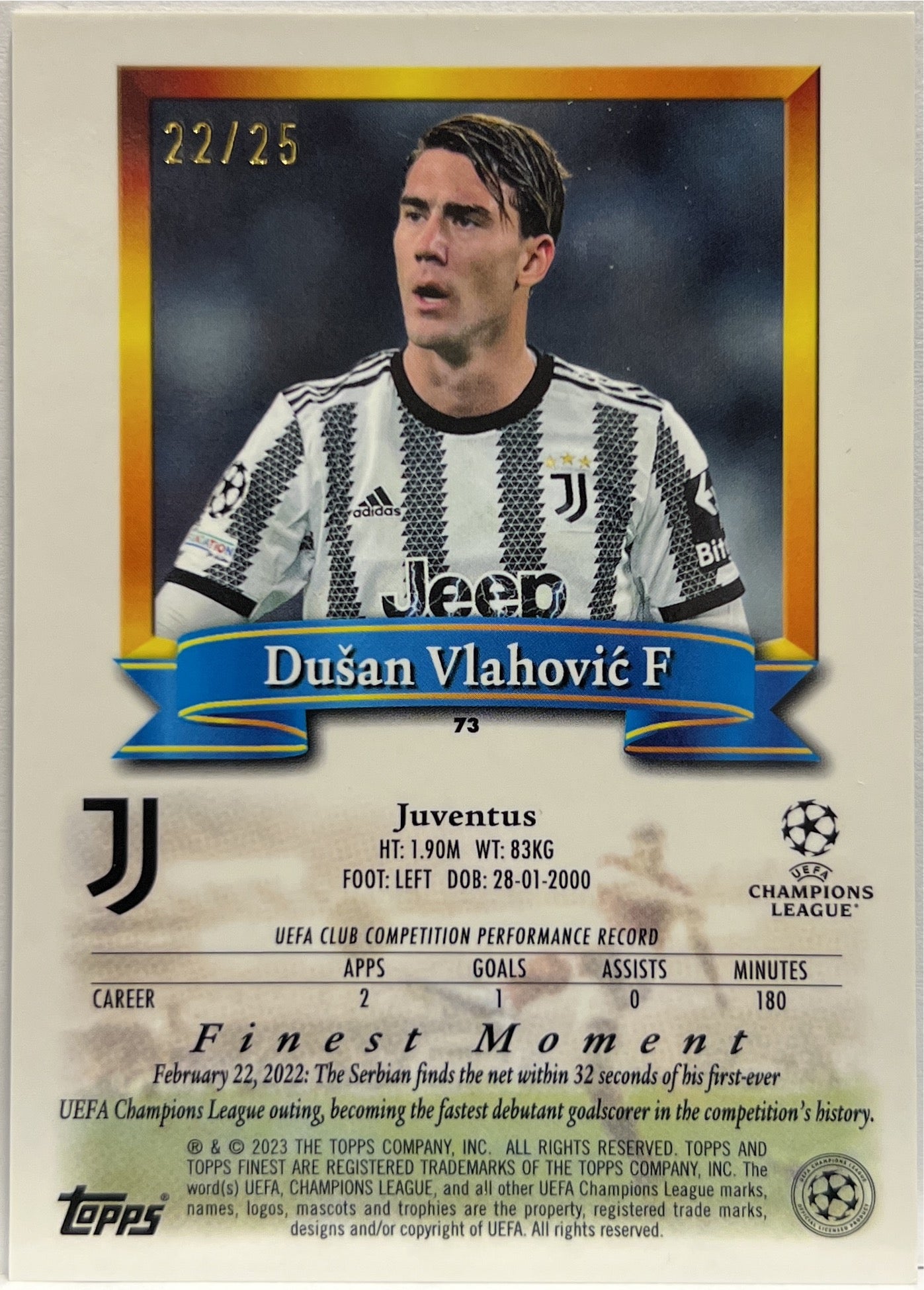 Dusan Vlahovic 22/25 Black Topps Finest Flashback 2022/23