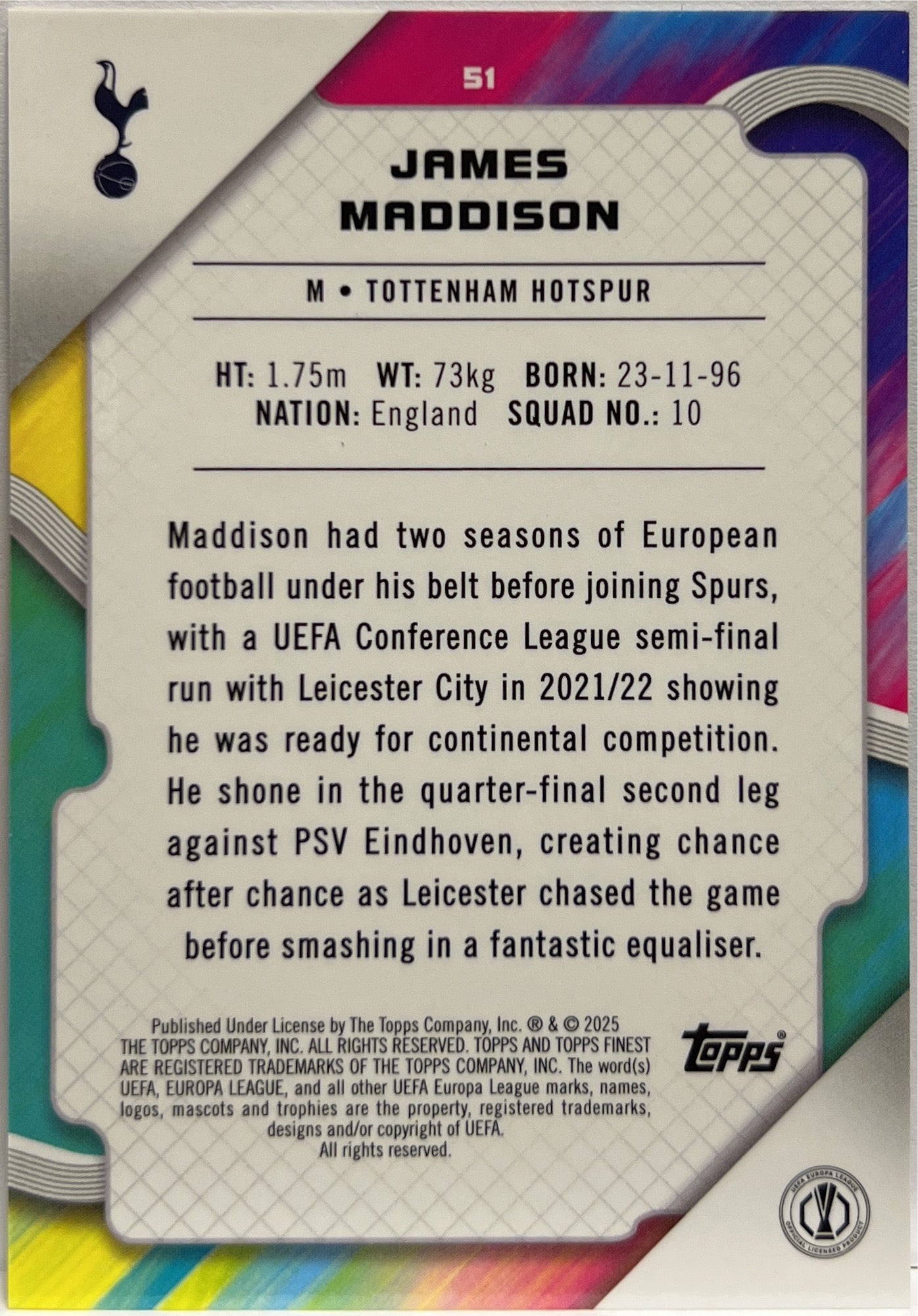 James Maddison 46/50 Rose Gold Mini Diamond Topps Finest UCC 2024/25