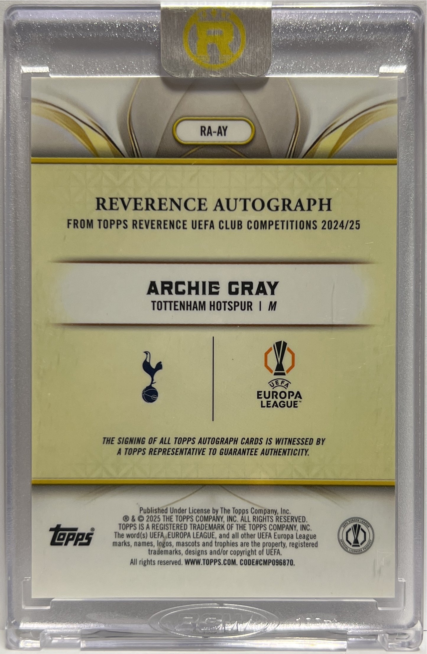 Archie Gray 10/25 Rookie Autograph Topps Reverence 2024/25
