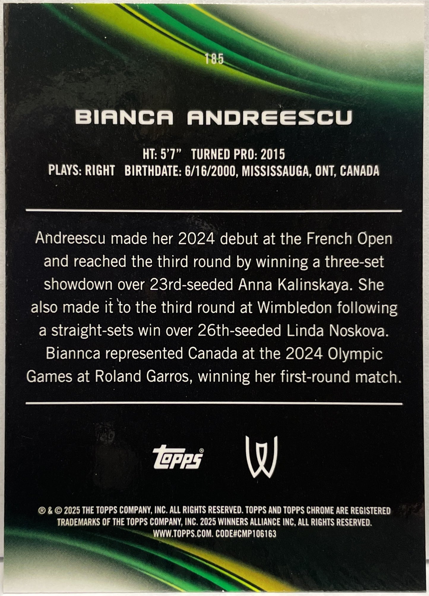 Bianca Andreescu 157/199 Aqua Topps Chrome Tennis 2025