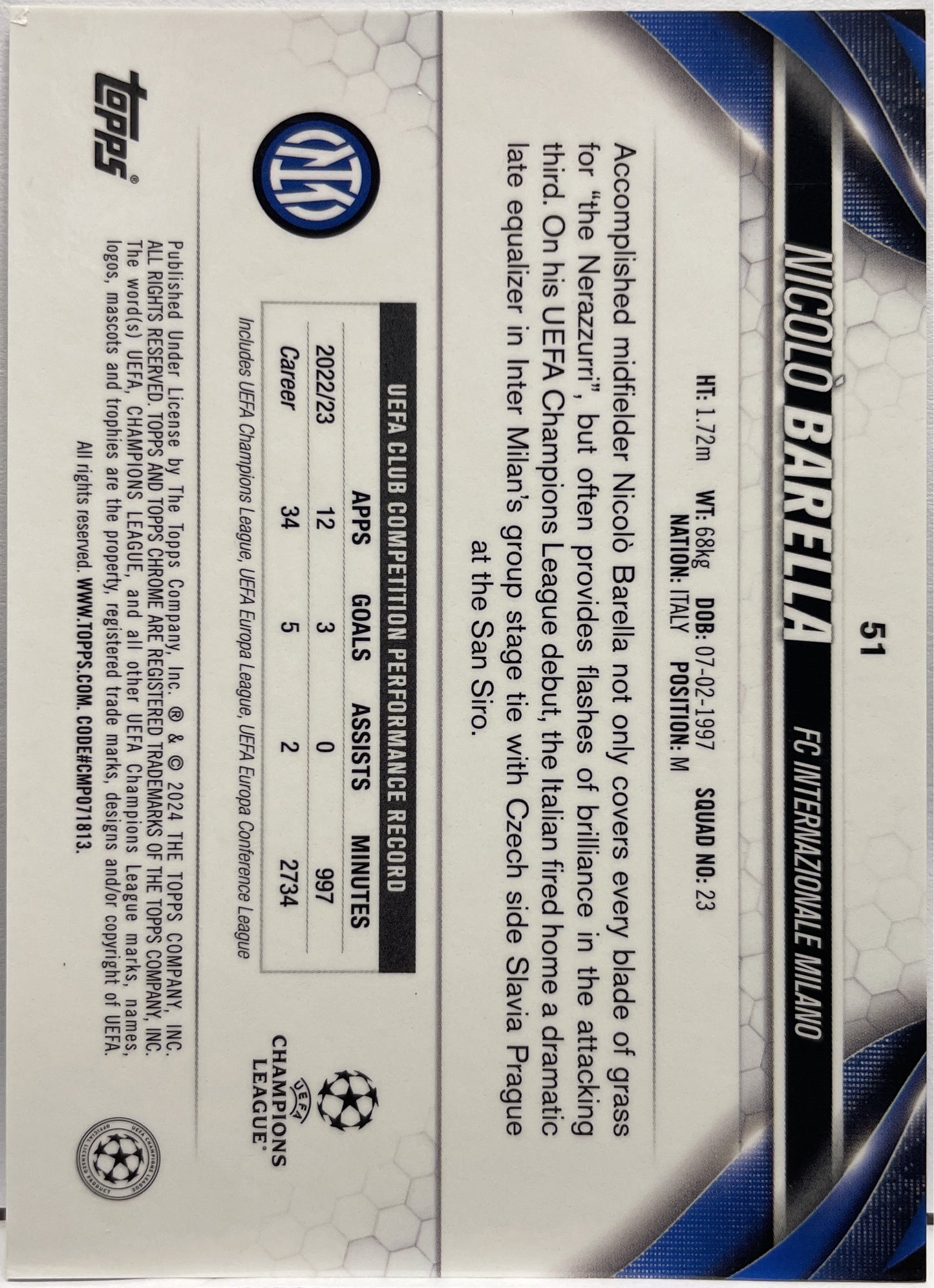 Nicolo Barella 5/10 Black Topps Chrome UCC 2023/24