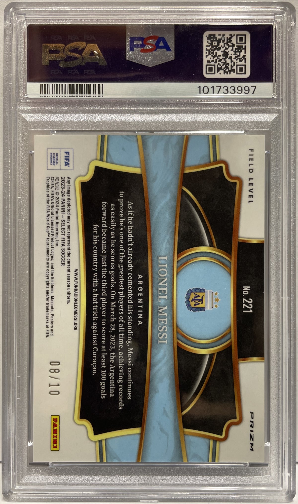 Lionel Messi 8/10 Field Level Gold Wave Panini Select Fifa 2023/24 PSA 10