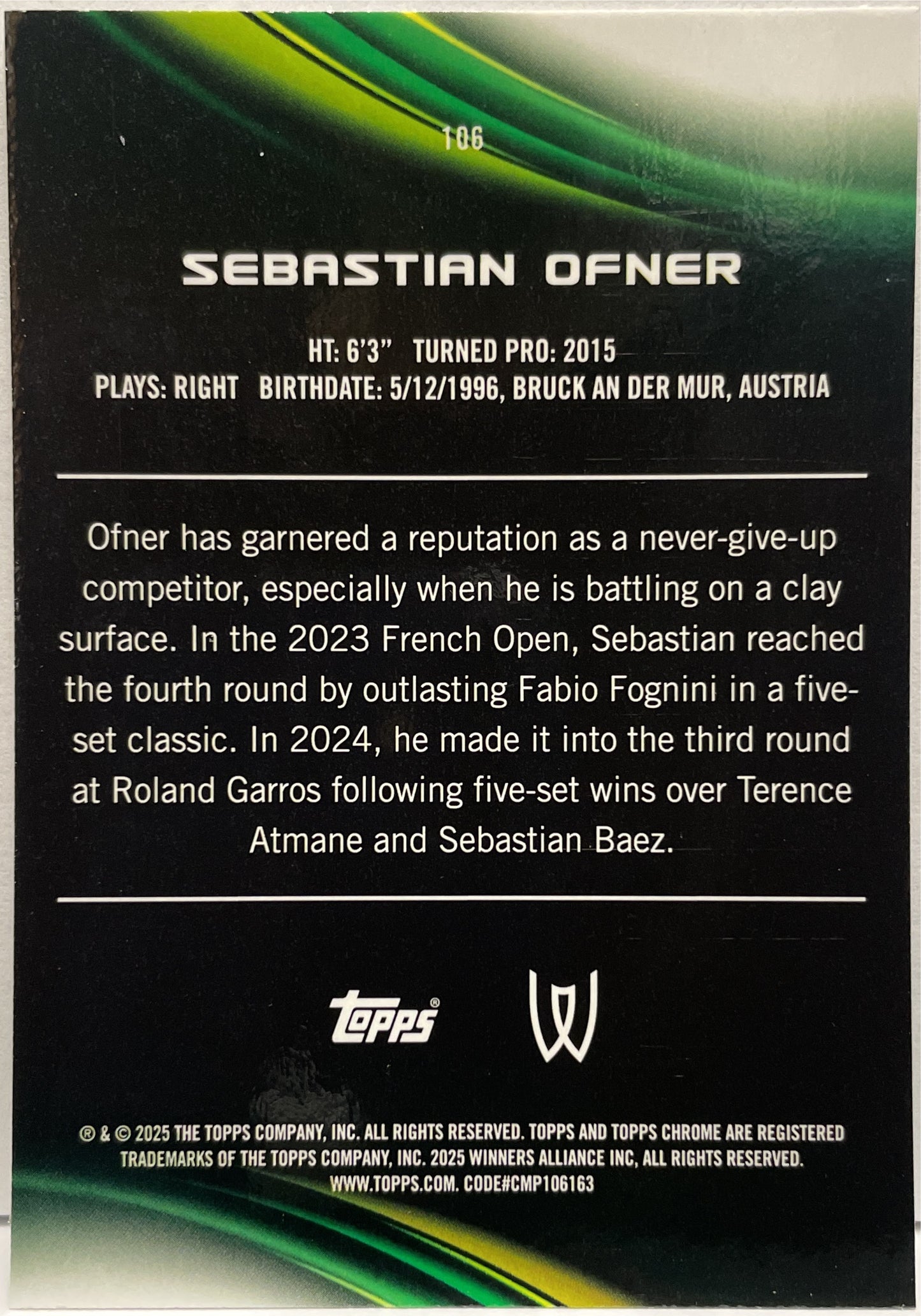 Sebastian Ofner 120/199 Aqua Topps Chrome Tennis 2025