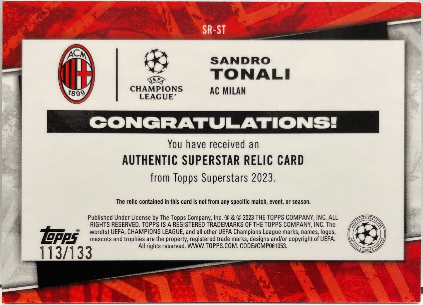 Sandro Tonali 113/133 Patch Topps Superstars UCC 2022/23
