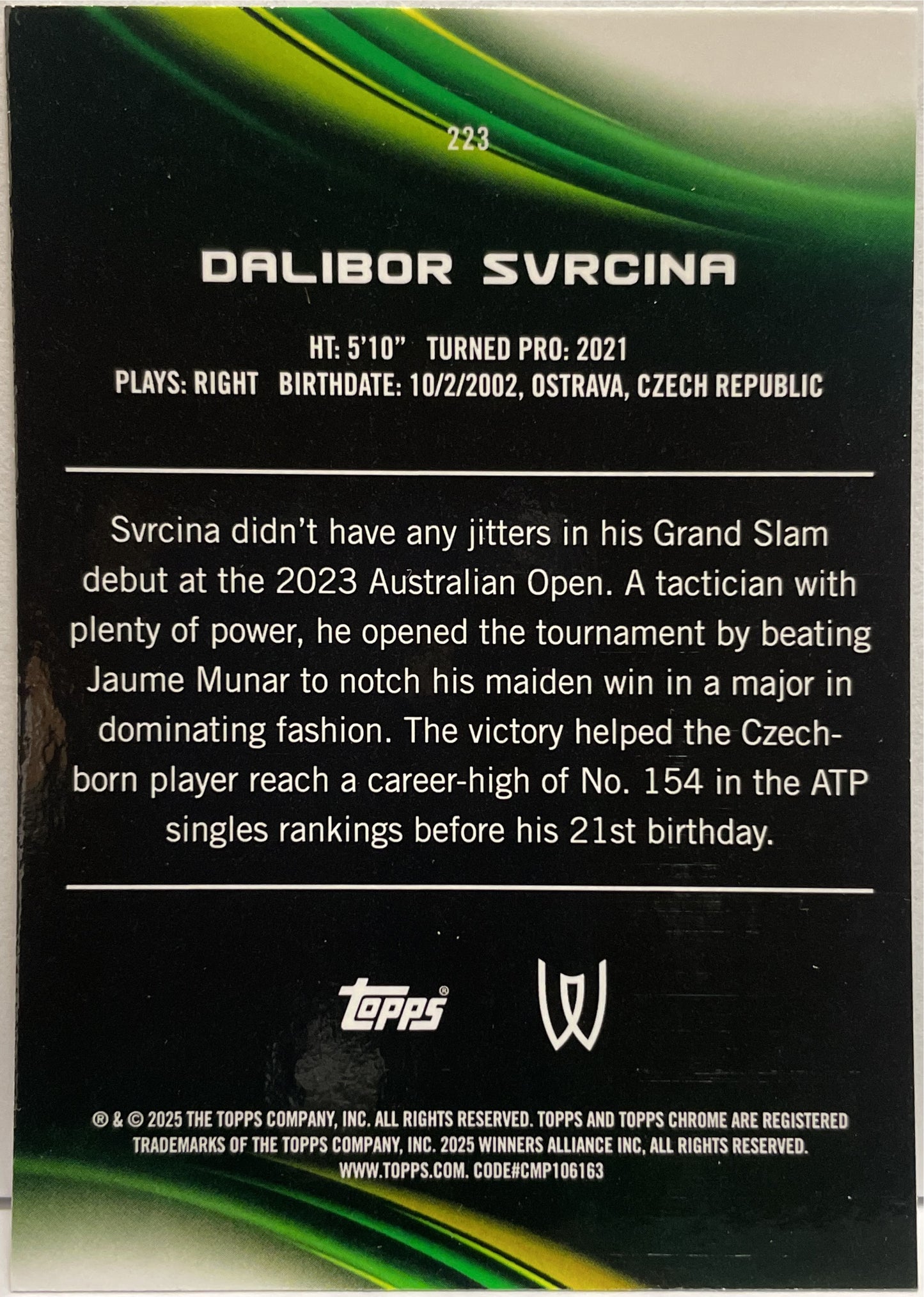 Dalibor Svrcina 30/199 Aqua Topps Chrome Tennis 2025