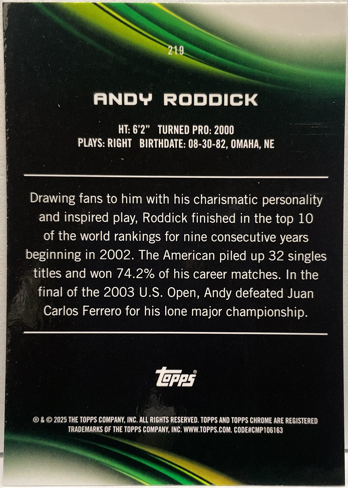 Andy Roddick 82/199 Aqua Topps Chrome Tennis 2025