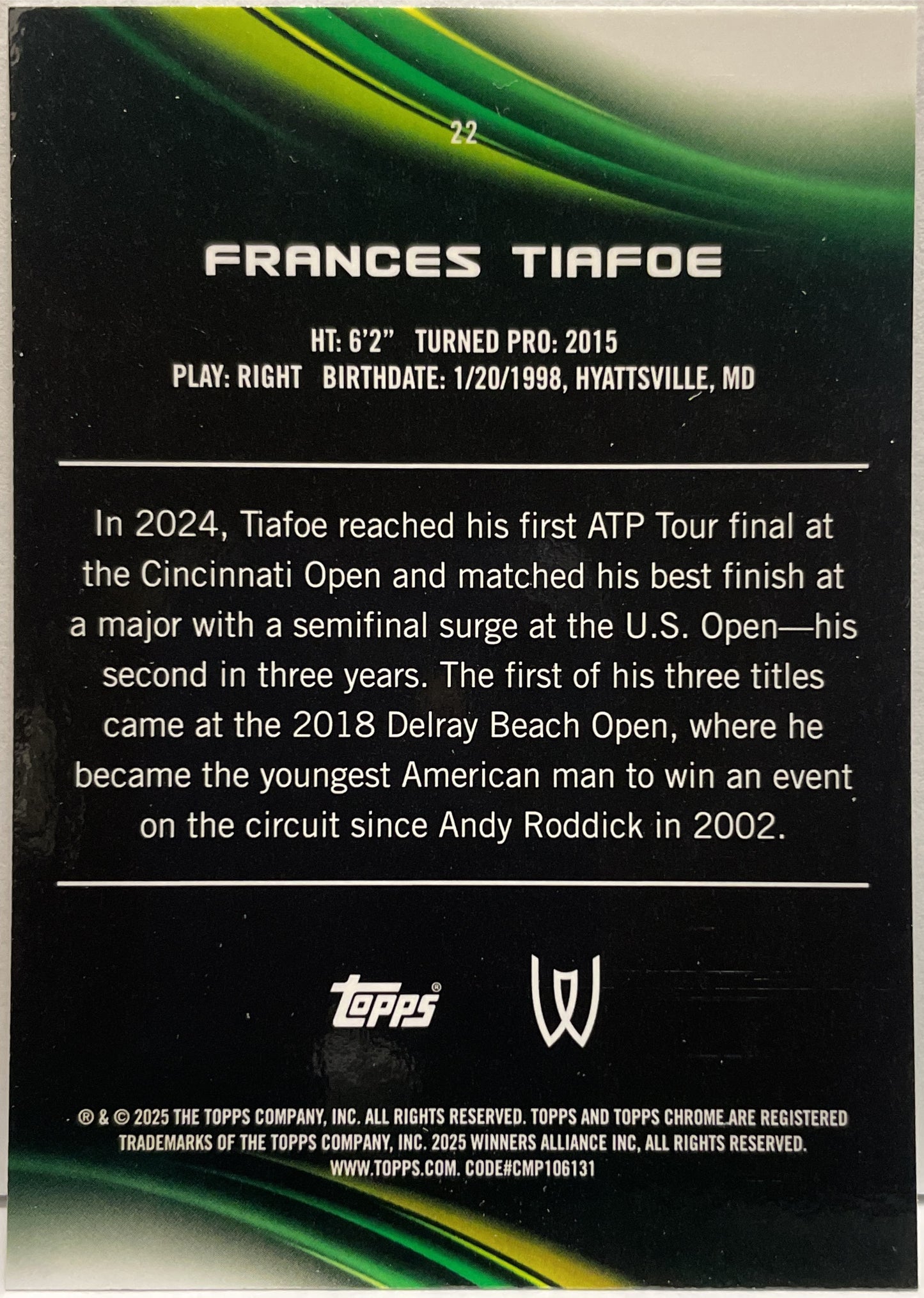 Frances Tiafoe 43/199 Aqua Topps Chrome Tennis 2025