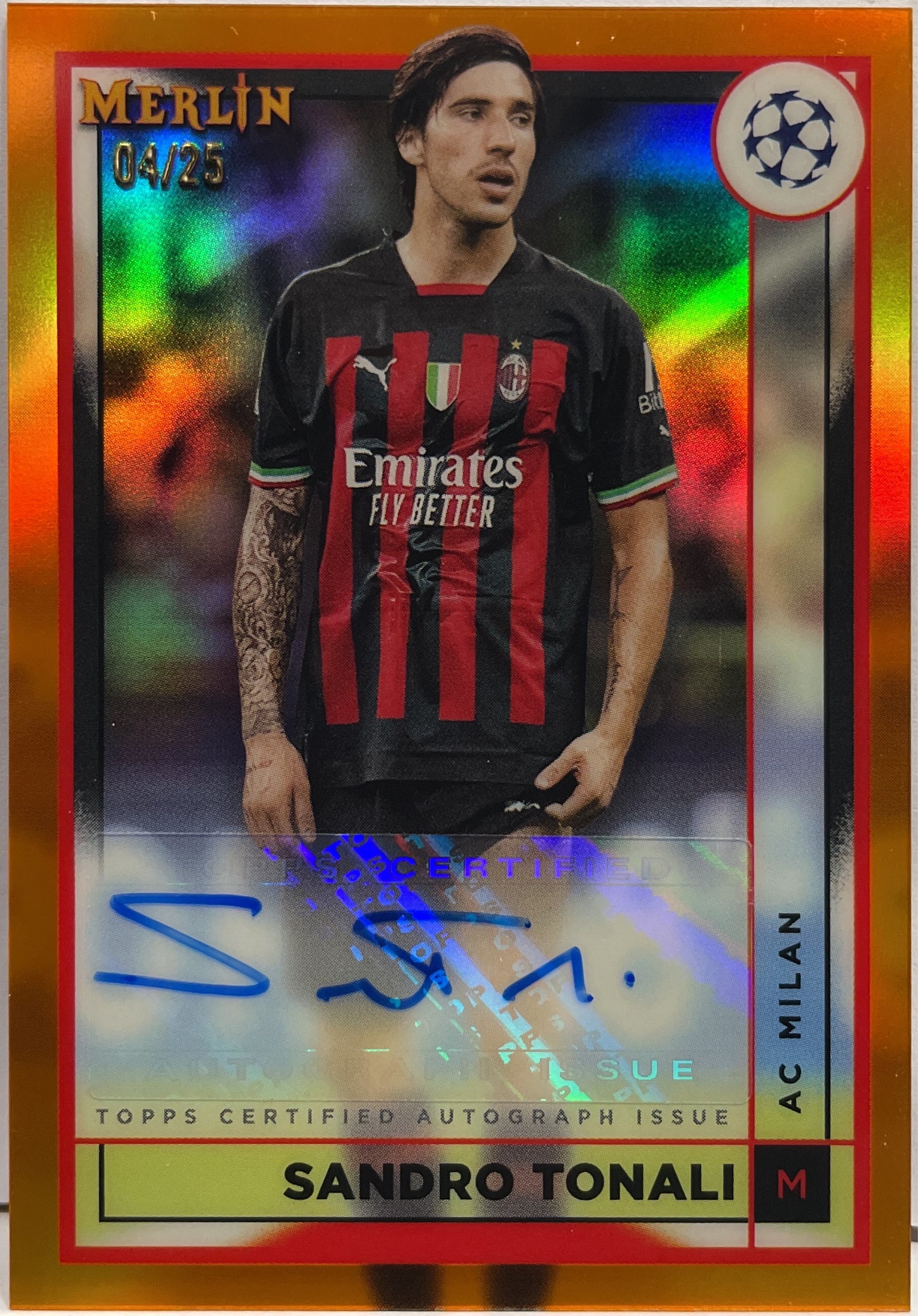Sandro Tonali 4/25 Autograph Orange Topps Chrome Merlin 2022/23