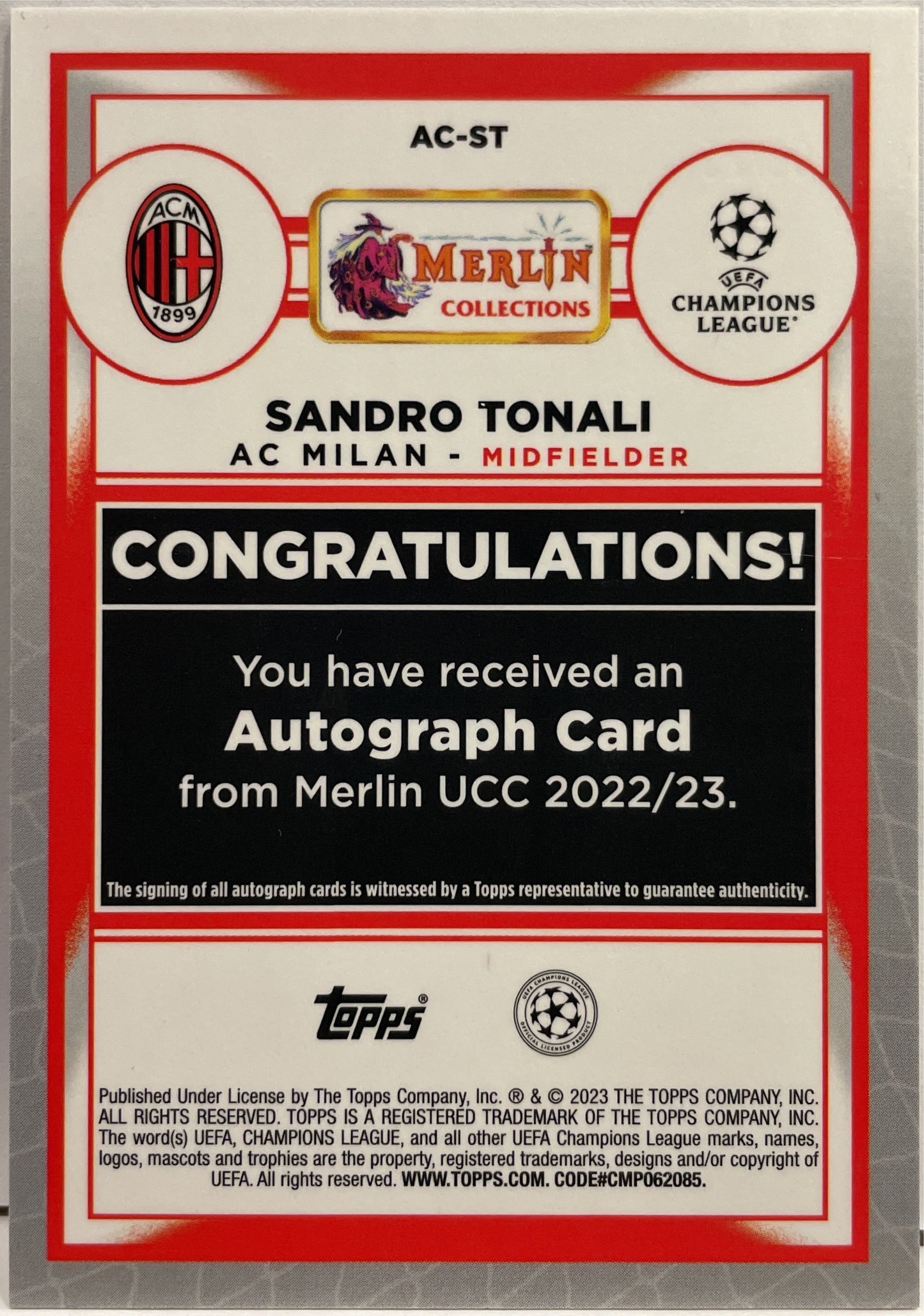 Sandro Tonali 4/25 Autograph Orange Topps Chrome Merlin 2022/23