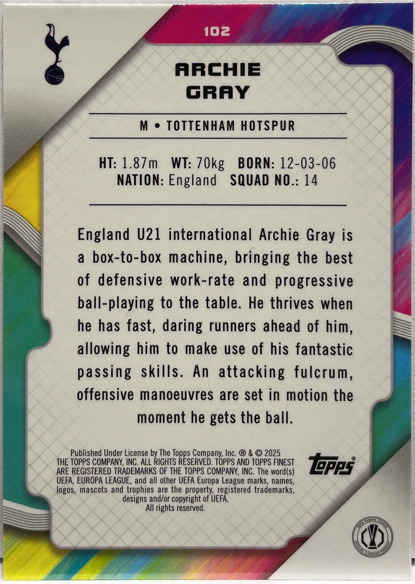 Archie Gray 106/299 Rookie Purple Topps Finest UCC 2024/25