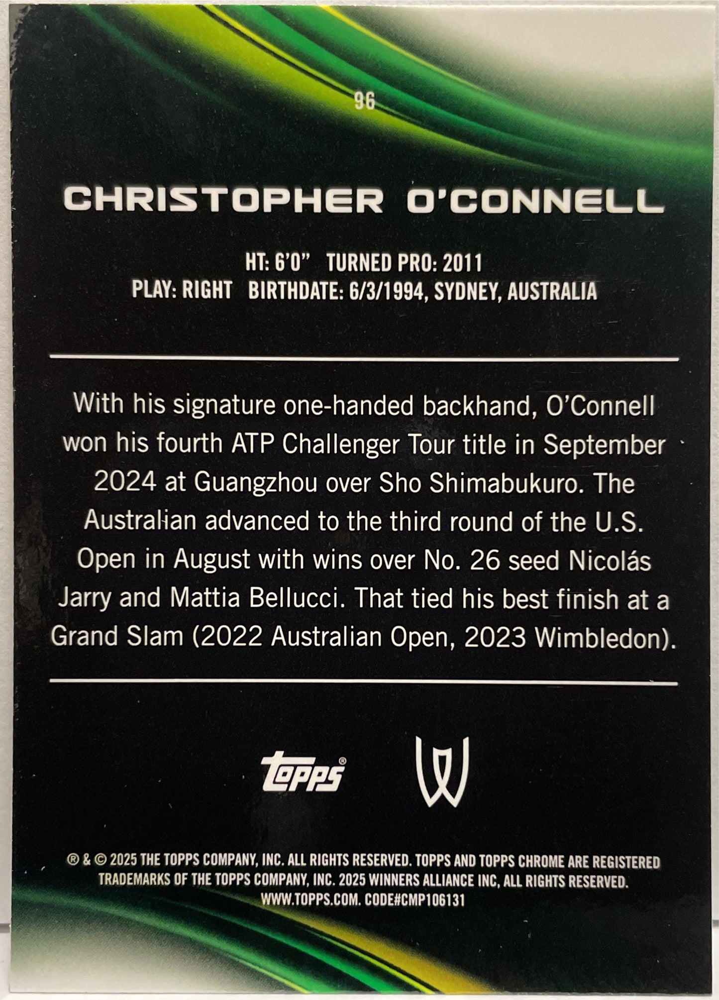 Christopher O'Connell 109/199 Aqua Topps Chrome Tennis 2025