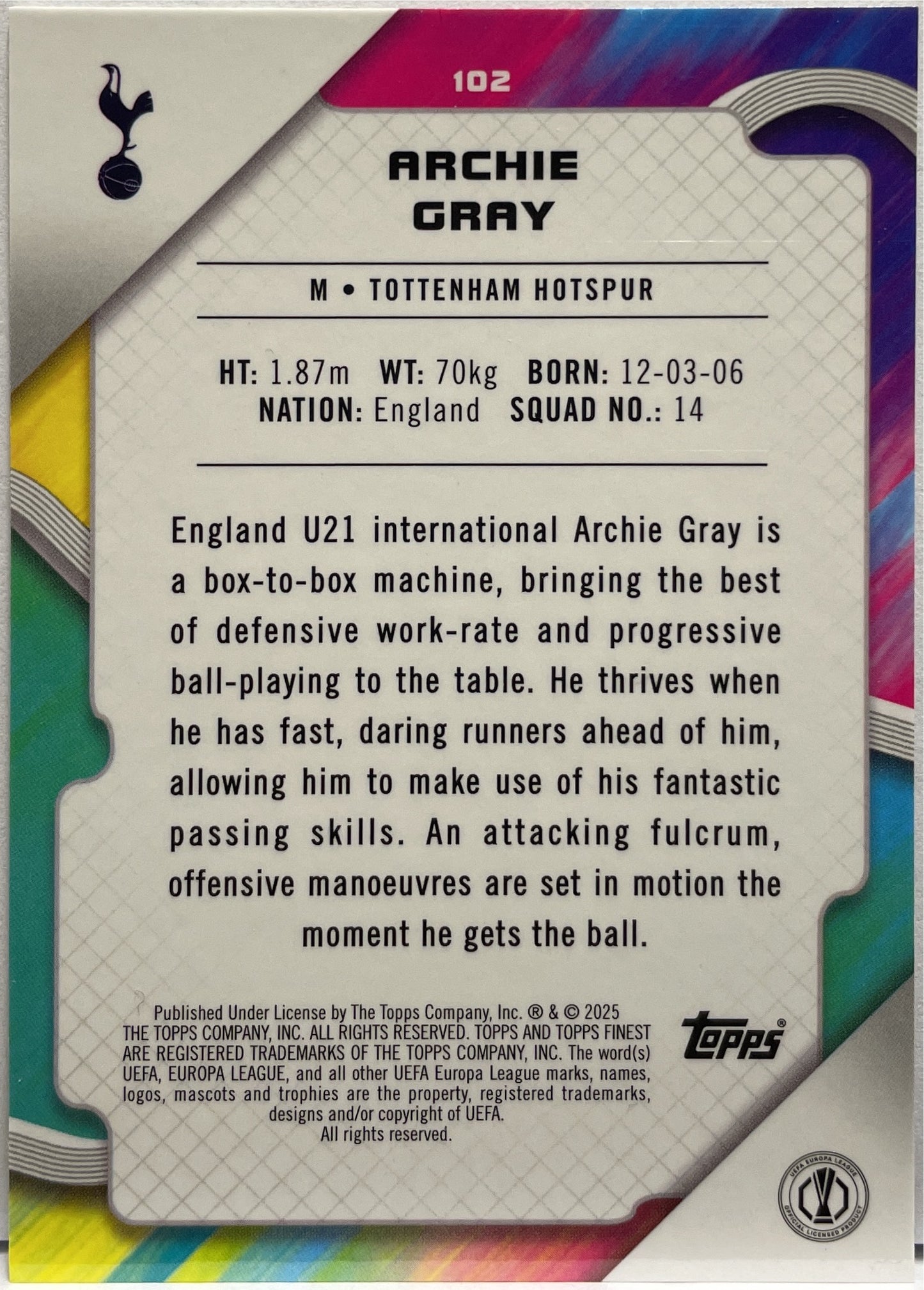 Archie Gray 12/125 Rookie Pink Prism Topps Finest UCC 2024/25