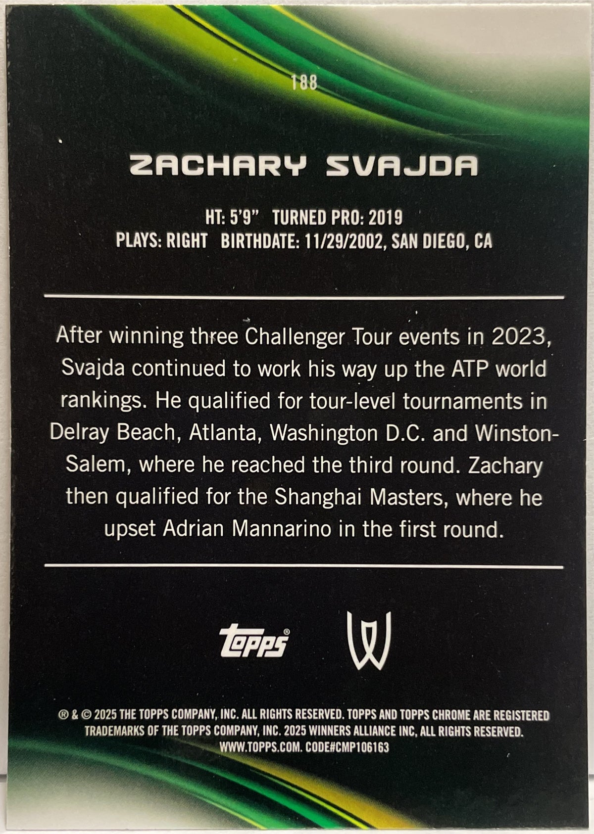 Zachary Svajda 134/199 Aqua Topps Chrome Tennis 2025