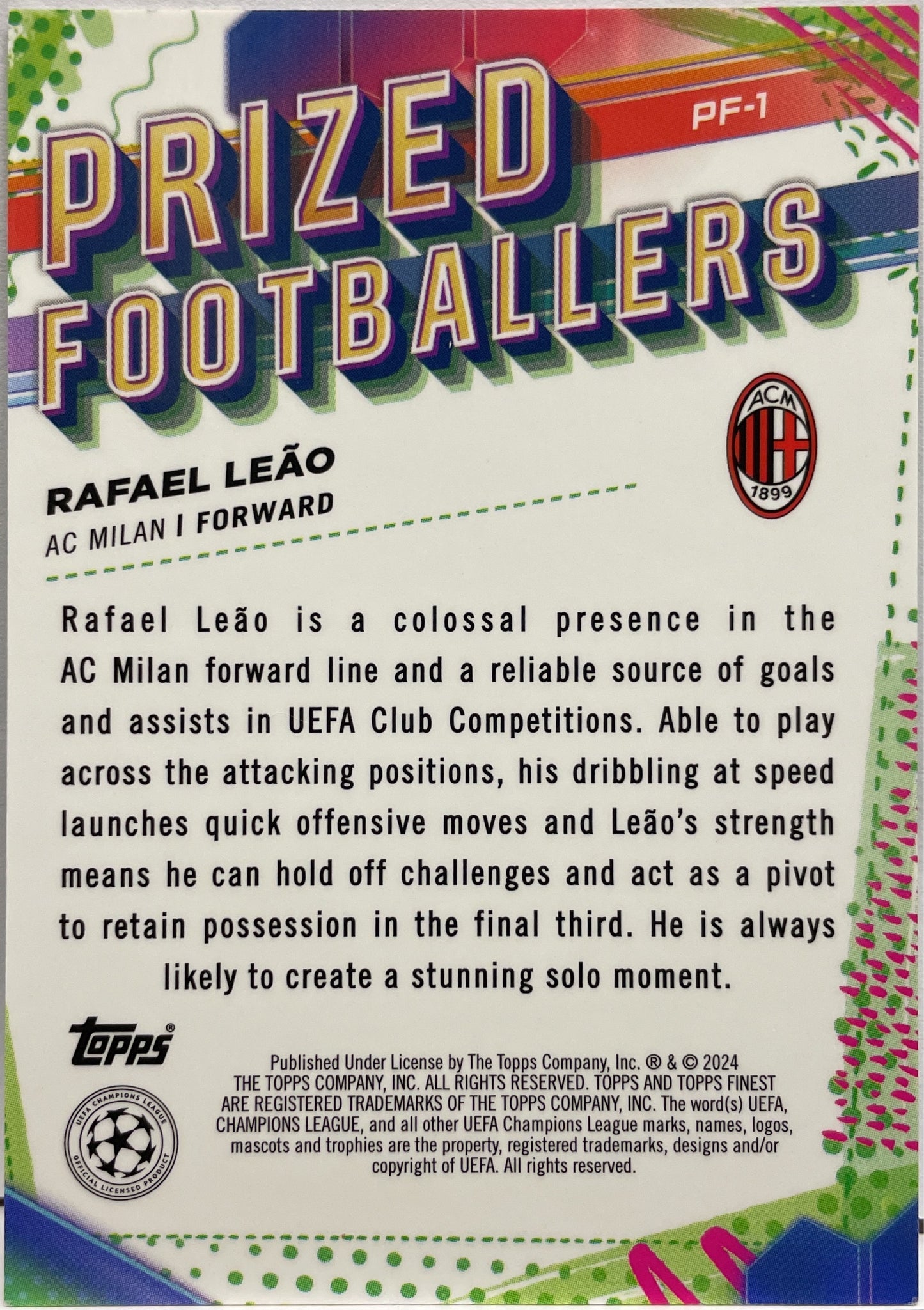 Rafael Leao 1/99 Prized Footballers Green Wave Topps Finest UCC 2023/24
