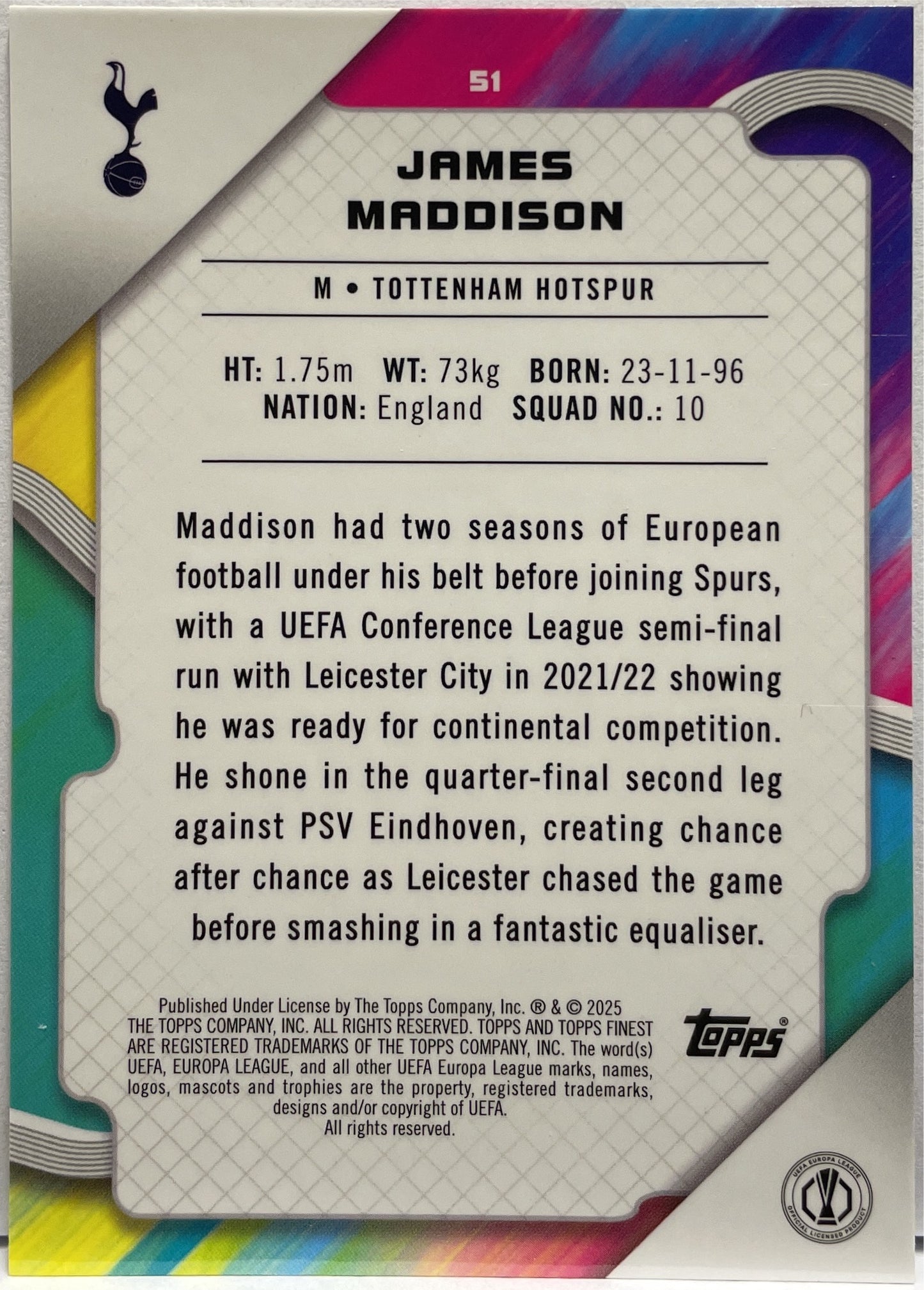 James Maddison 173/250 Pink RayWave Topps Finest UCC 2024/25