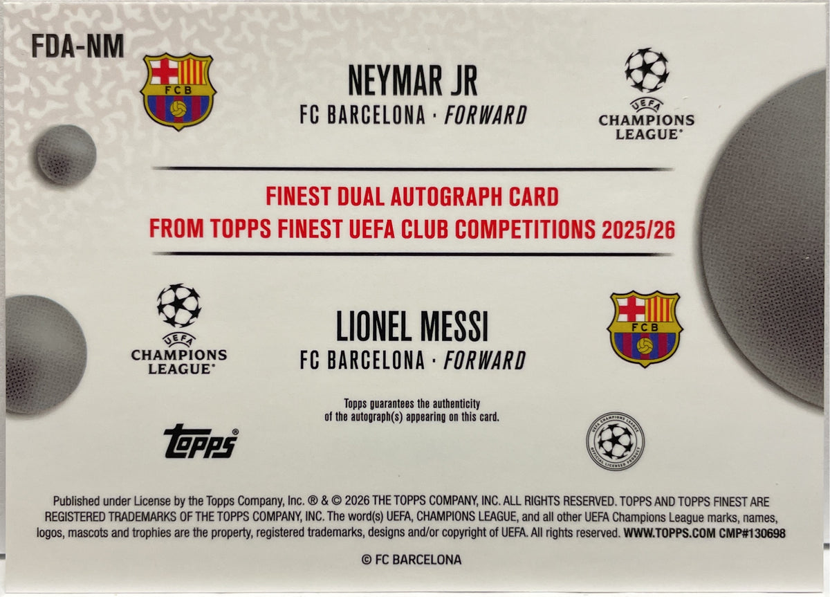 Lionel Messi Neymar Jr 1/5 Dual Autograph Red Topps Finest UCC 2025/26