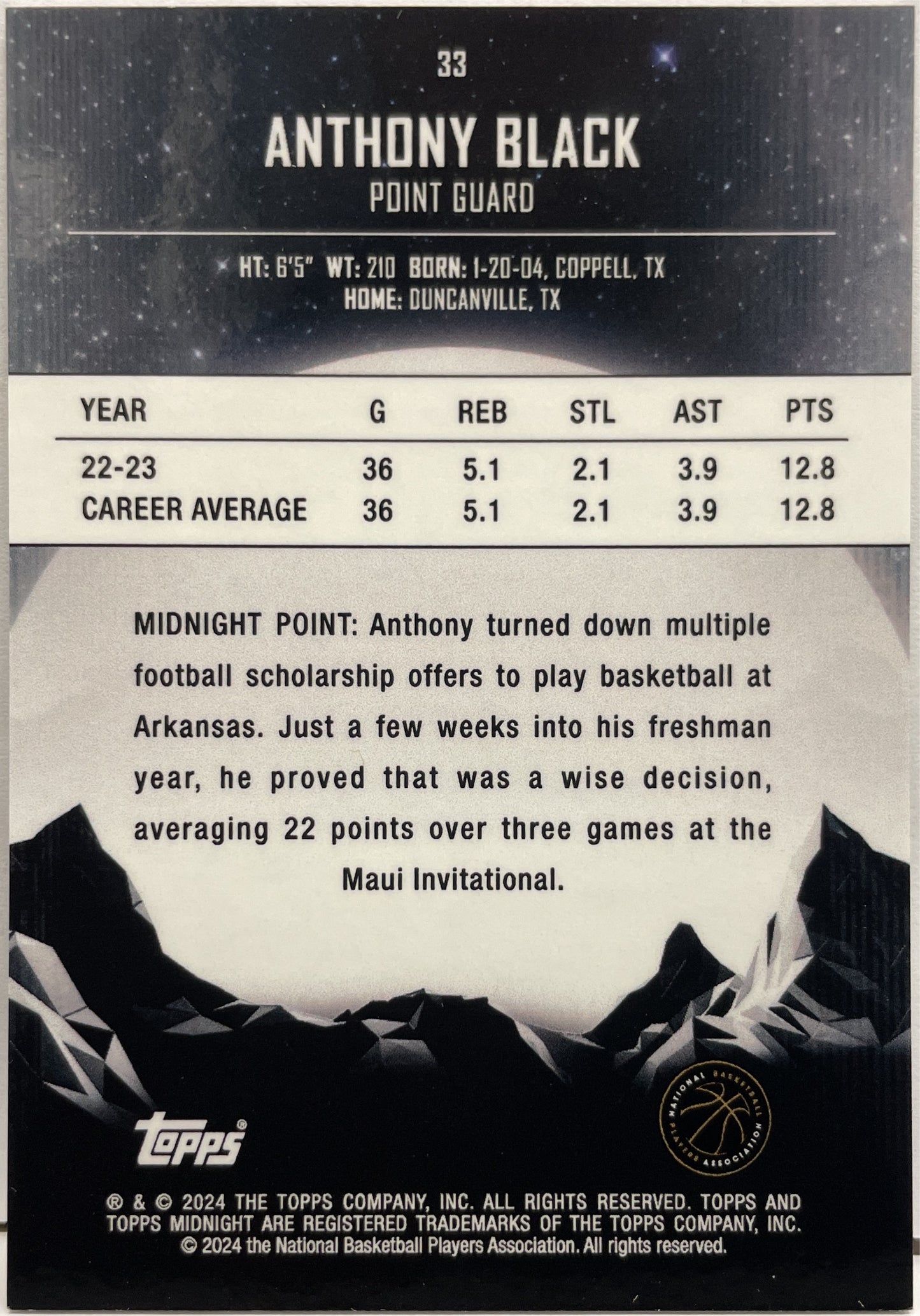 Anthony Black 10/12 Rookie Topps Midnight Basketball NBA 2023/24