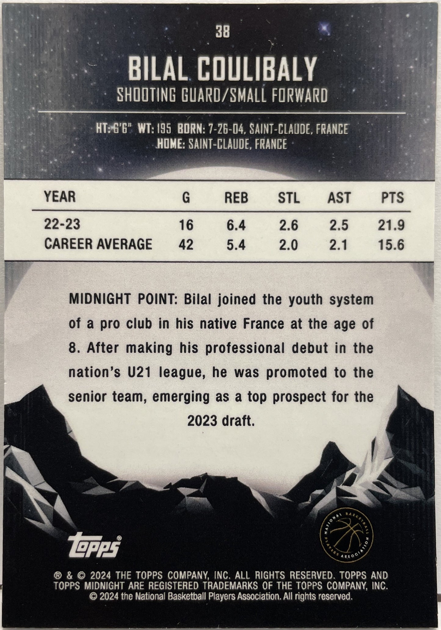 Bilal Coulibaly Rookie Topps Midnight Basketball NBA 2023/24