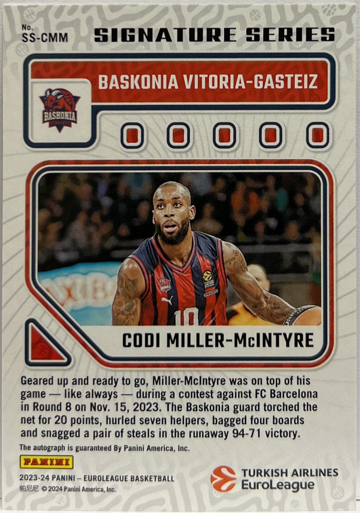 Codi Miller McIntyre Autograph Signature Series Donruss Euroleague Basketball 2023/24