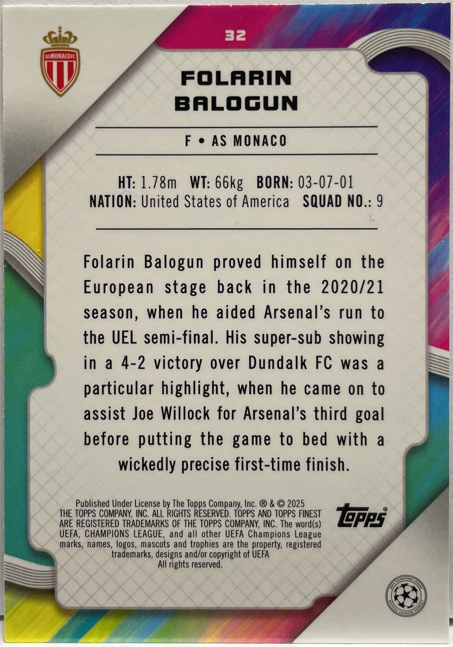 Folarin Balogun 106/299 Purple Topps Finest UCC 2024/25