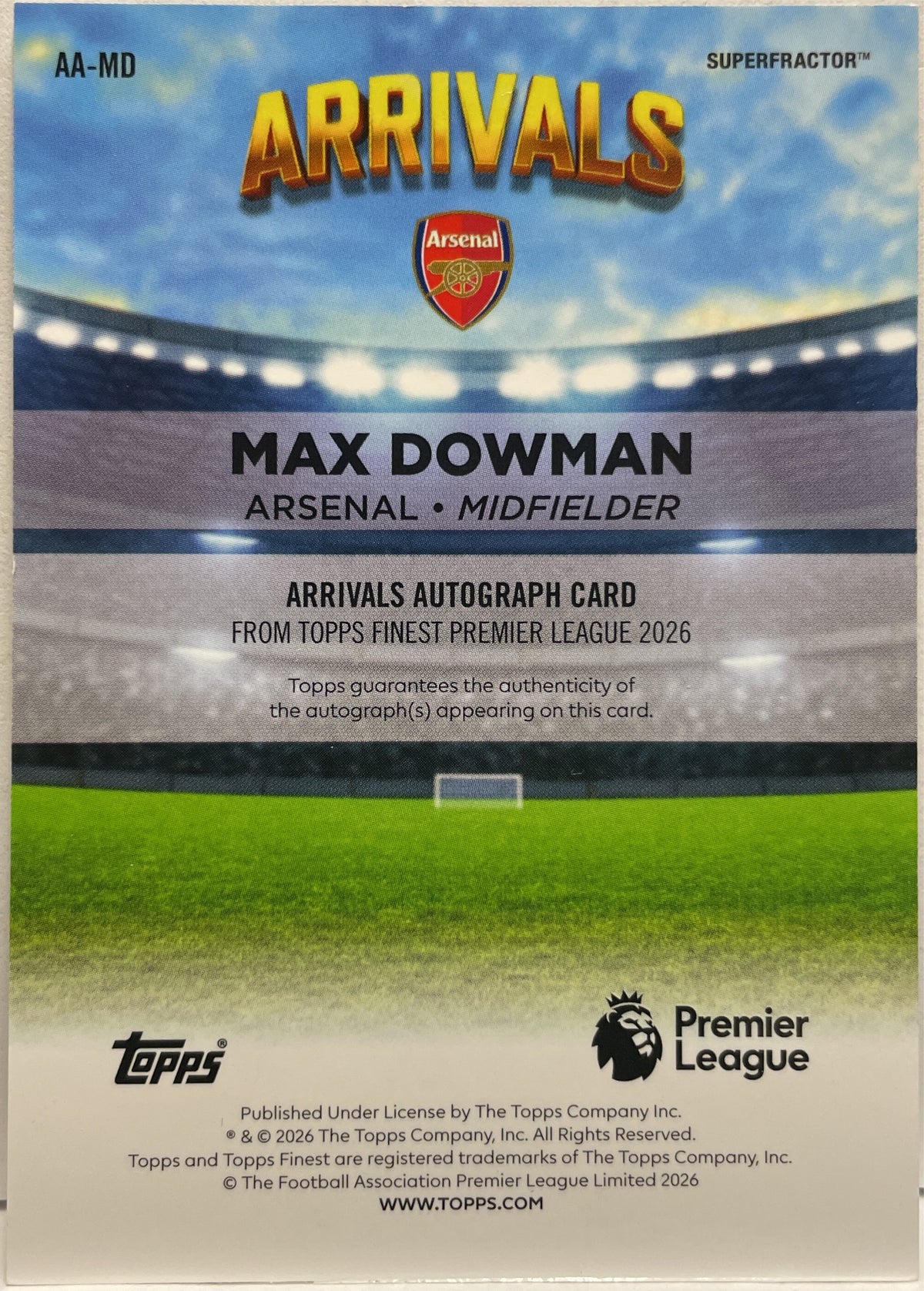 Max Dowman 1/1 Rookie Autograph Superfractor Topps Finest EPL Premier League 2025/26