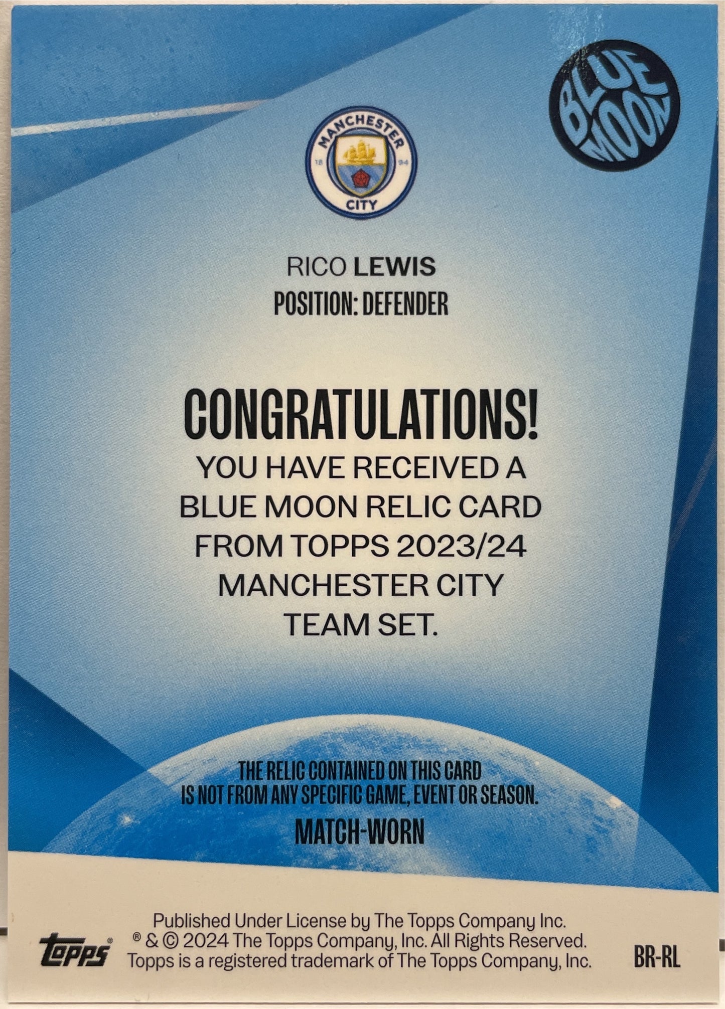 Rico Lewis 95/150 Patch Blue Moon Topps Manchester City Team Set 2023/24