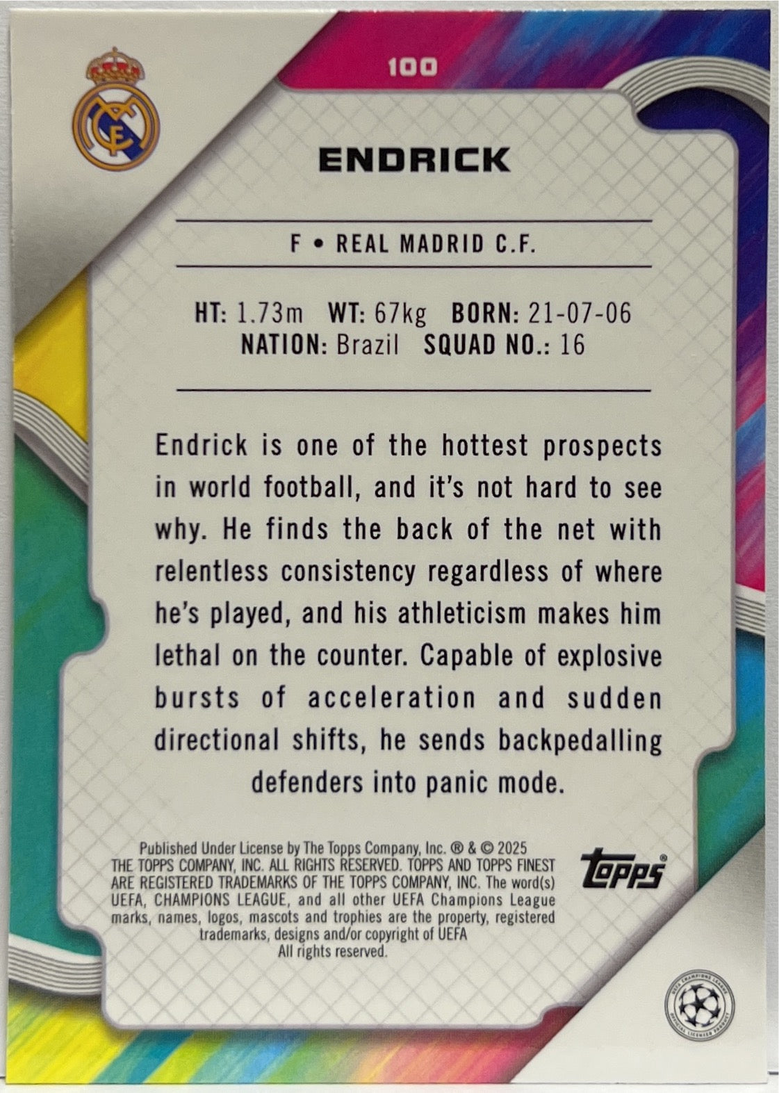 Endrick 52/150 Rookie Blue Raywave Topps Finest UCC 2024/25