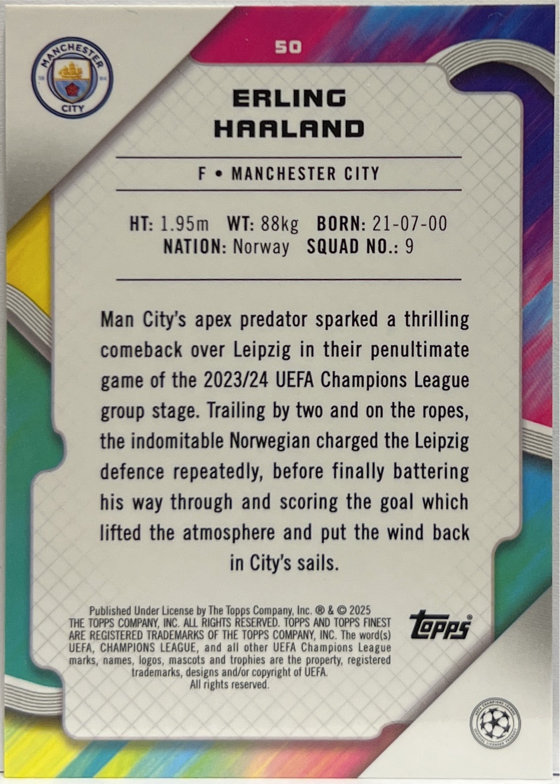 Erling Haaland 57/199 Purple Lava Topps Finest UCC 2024/25