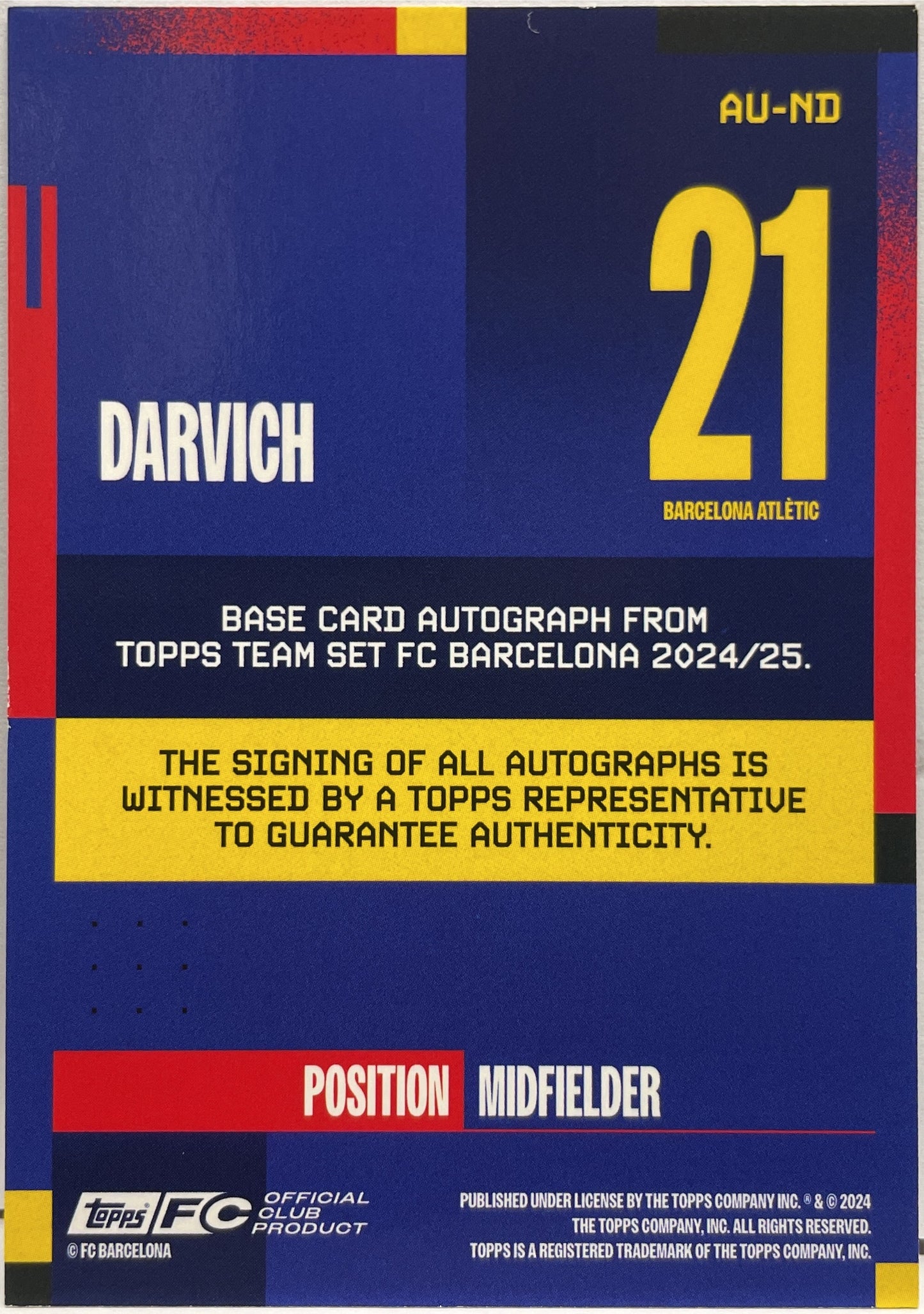 Darvich 190/250 Rookie Autograph Topps FC Barcelona Team Set 2024/25