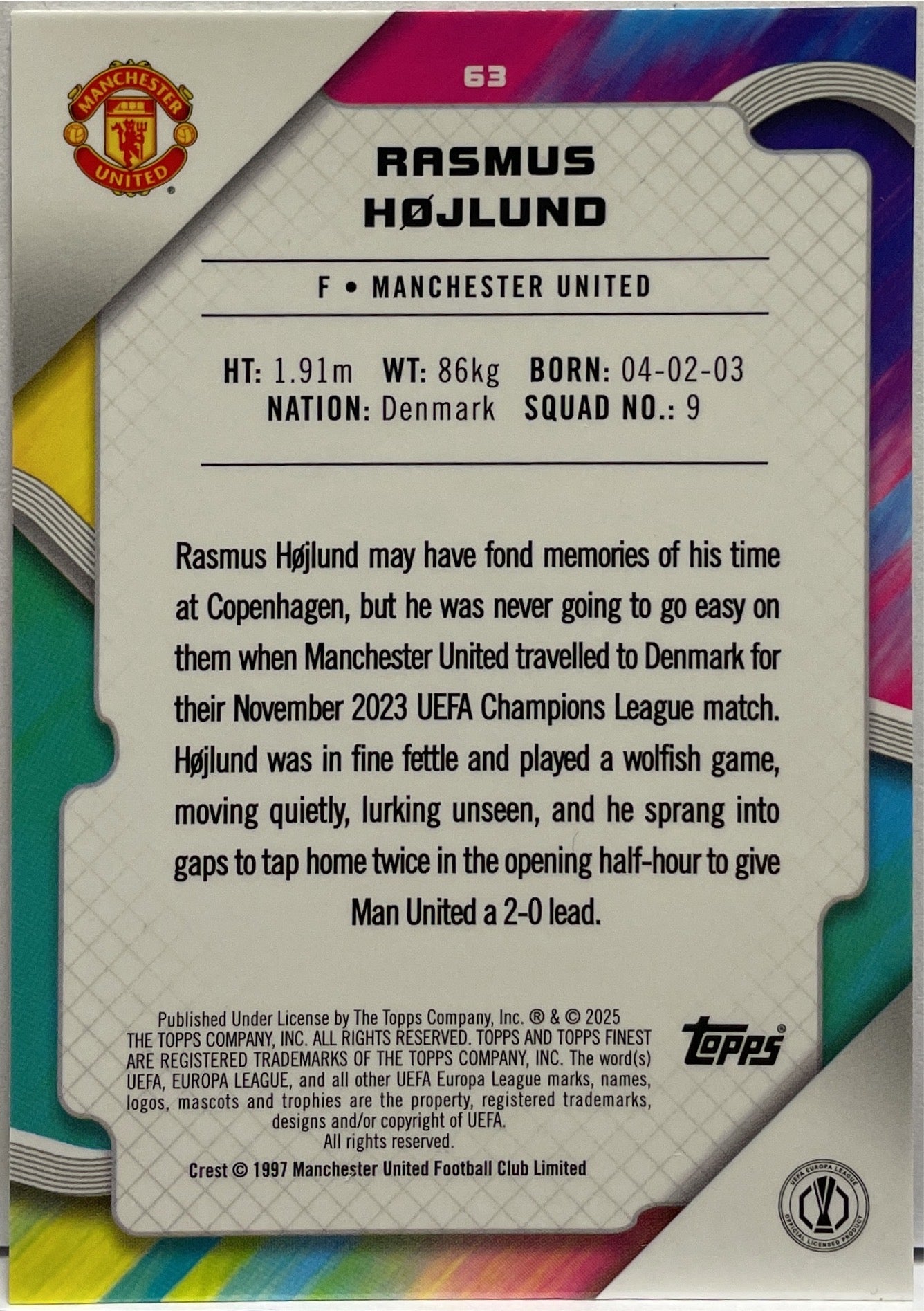 Rasmus Hojlund 154/250 Pink RayWave Topps Finest UCC 2024/25