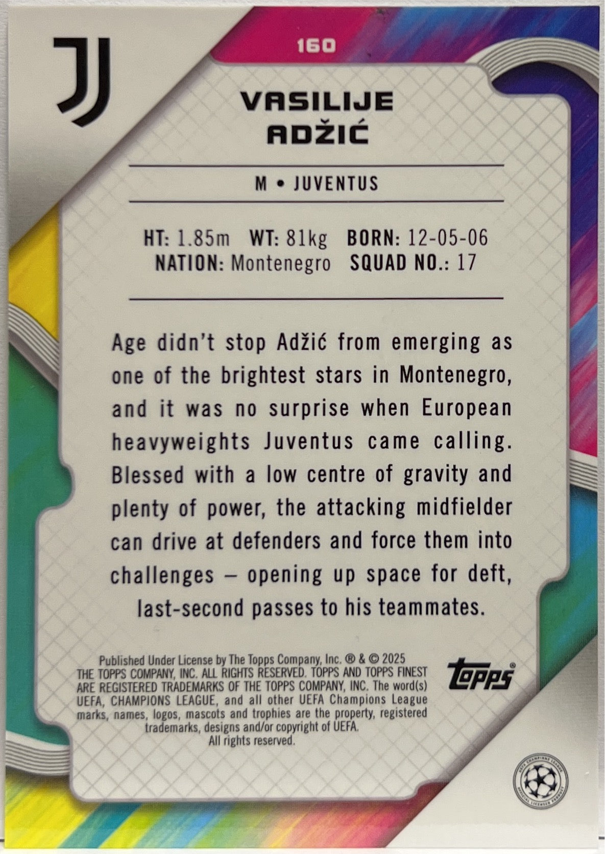 Vasilije Adzic 5/25 Rookie Orange Topps Finest UCC 2024/25