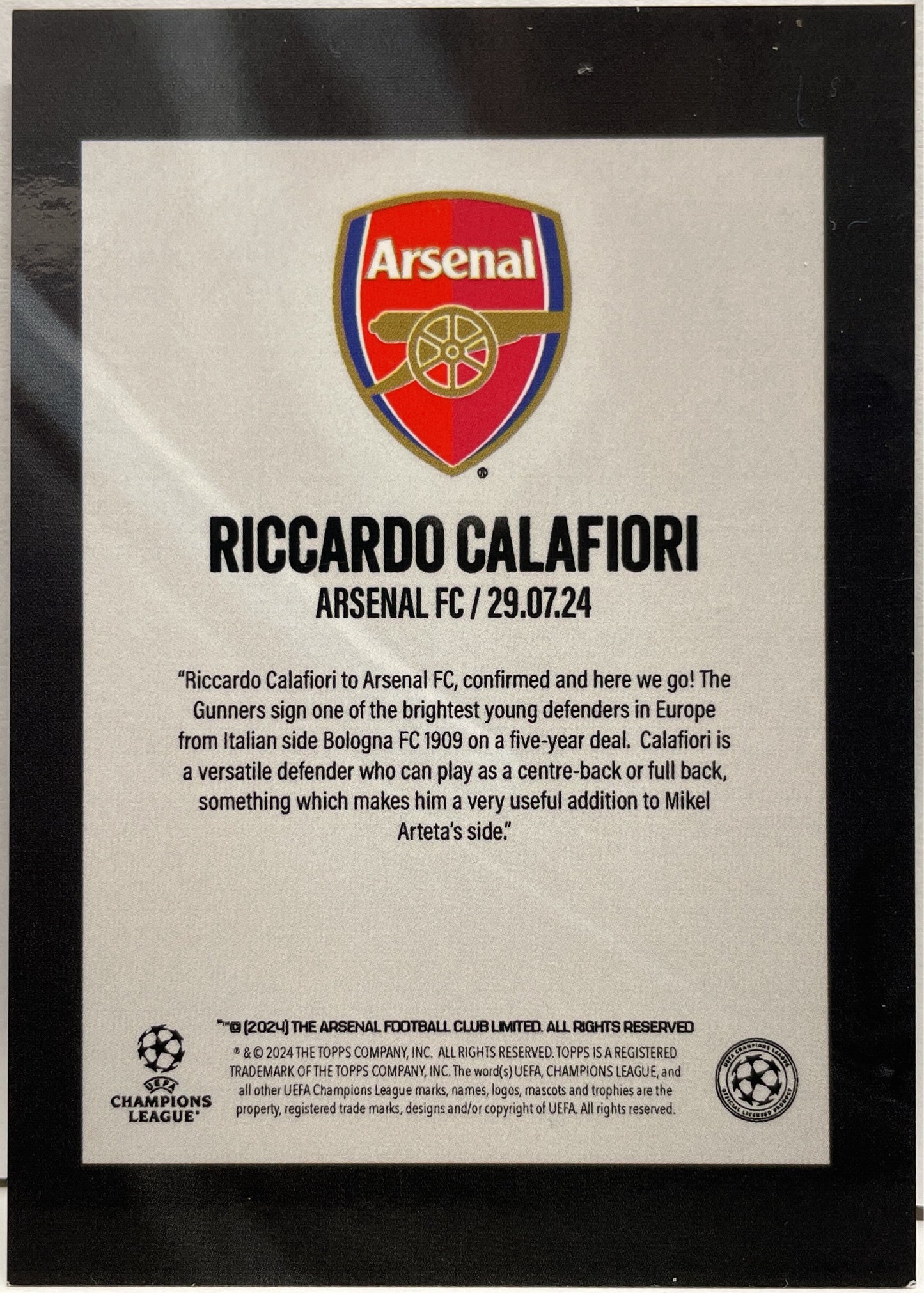 Riccardo Calafiori 58/75 Topps Fabrizio Romano Here We Go 2024