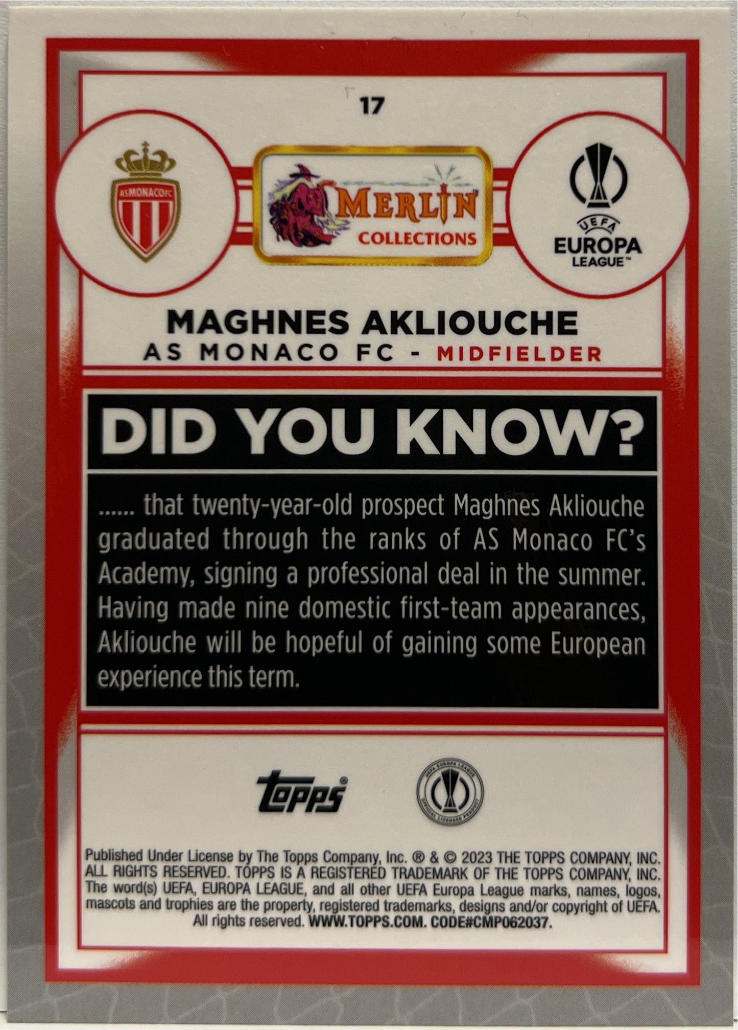Maghnes Akliouche 154/199 Rookie Aqua Topps Chrome Merlin 2022/23