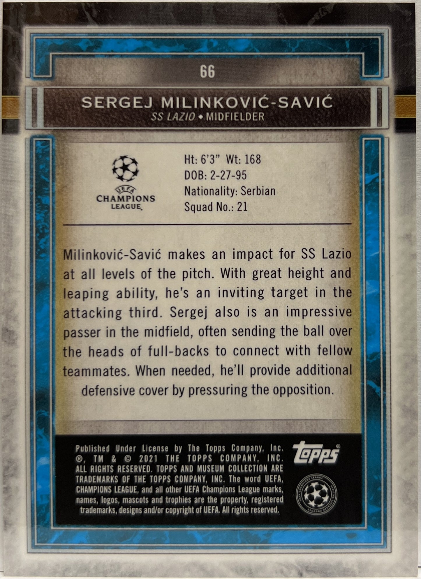 Sergej Milinkovic Savic 29/50 Gold Topps Museum 2020/21