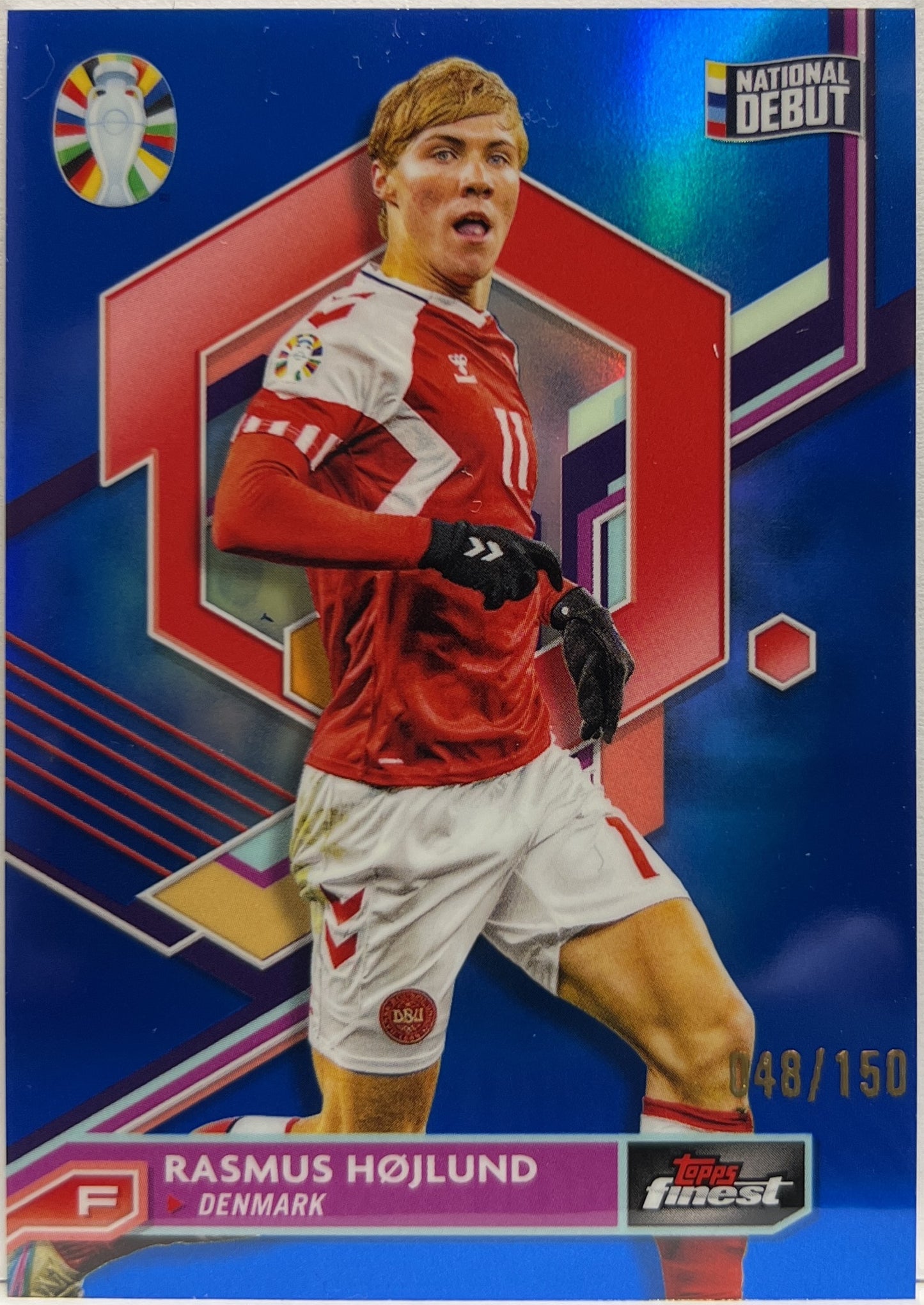 Rasmus Hojlund 48/150 National Debut Blue Topps Finest Road To Uefa Euro 2024