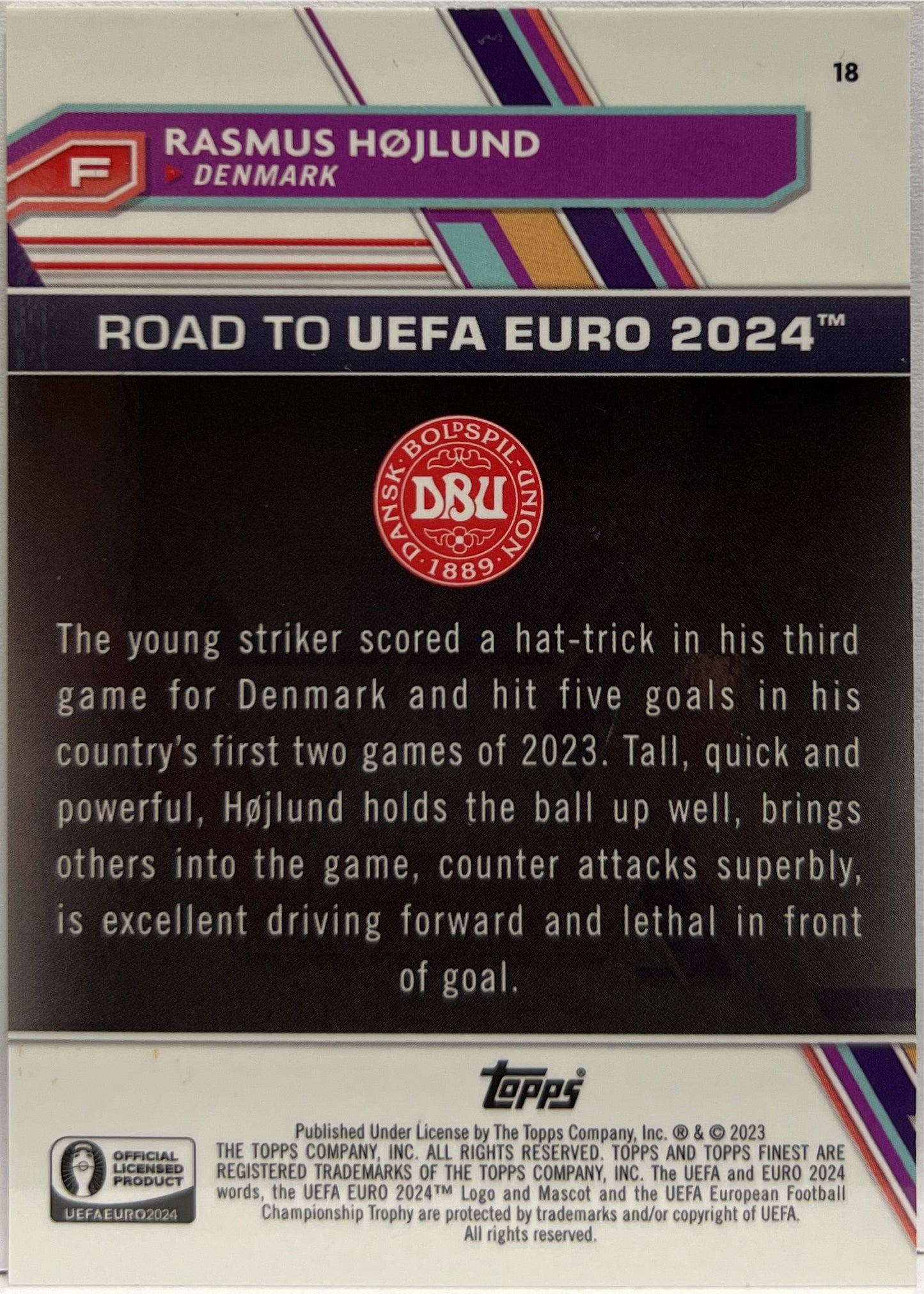 Rasmus Hojlund 48/150 National Debut Blue Topps Finest Road To Uefa Euro 2024