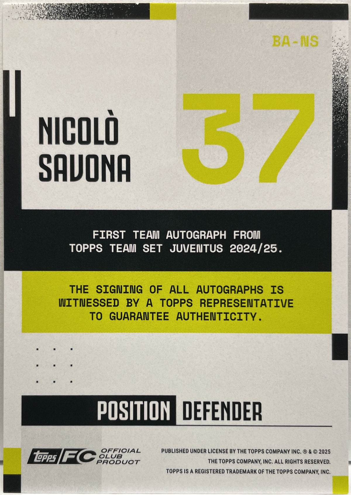 Nicolo Savona 70/99 Rookie Autograph Pink Topps Juventus Premium Team Set 2024/25
