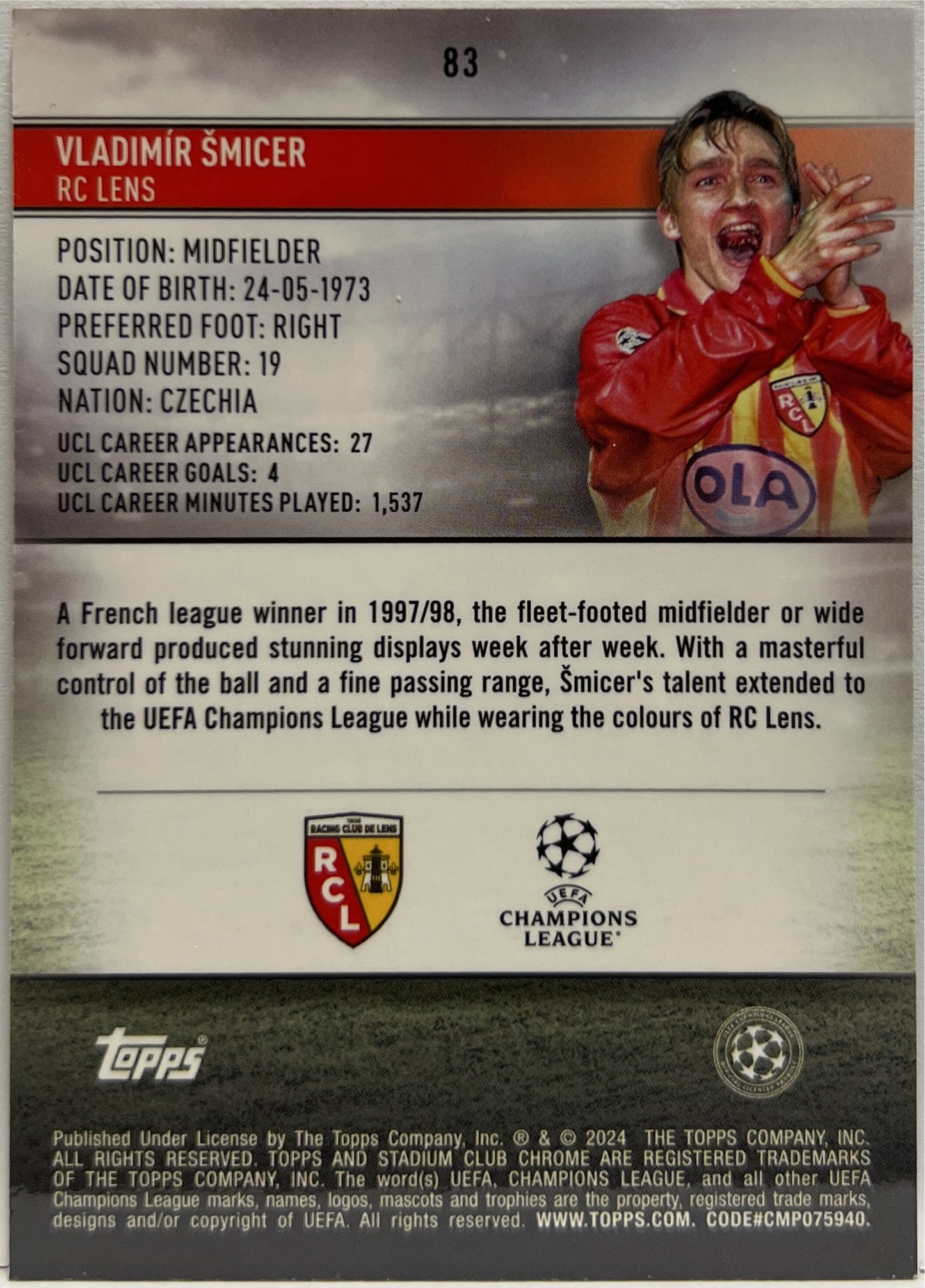 Vladimir Smicer 15/75 Sepia Prism Topps Stadium Chrome 2023/24